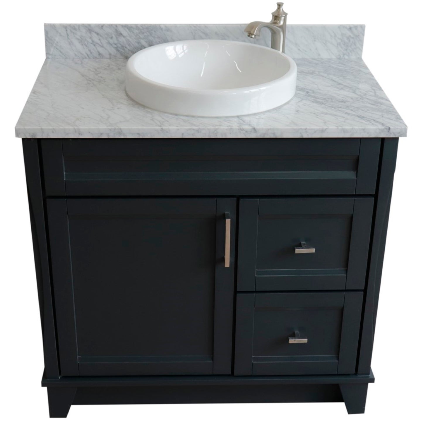 37" Single sink vanity in Dark Gray finish with White Carrara marble and Left door/Round Center sink