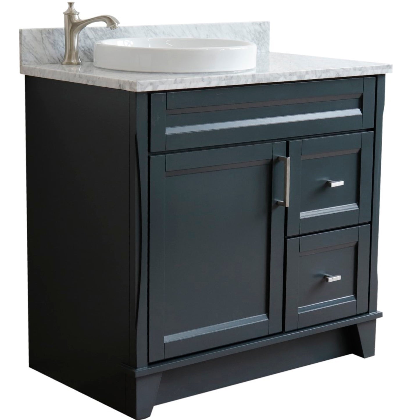 37" Single sink vanity in Dark Gray finish with White Carrara marble and Left door/Round Left sink