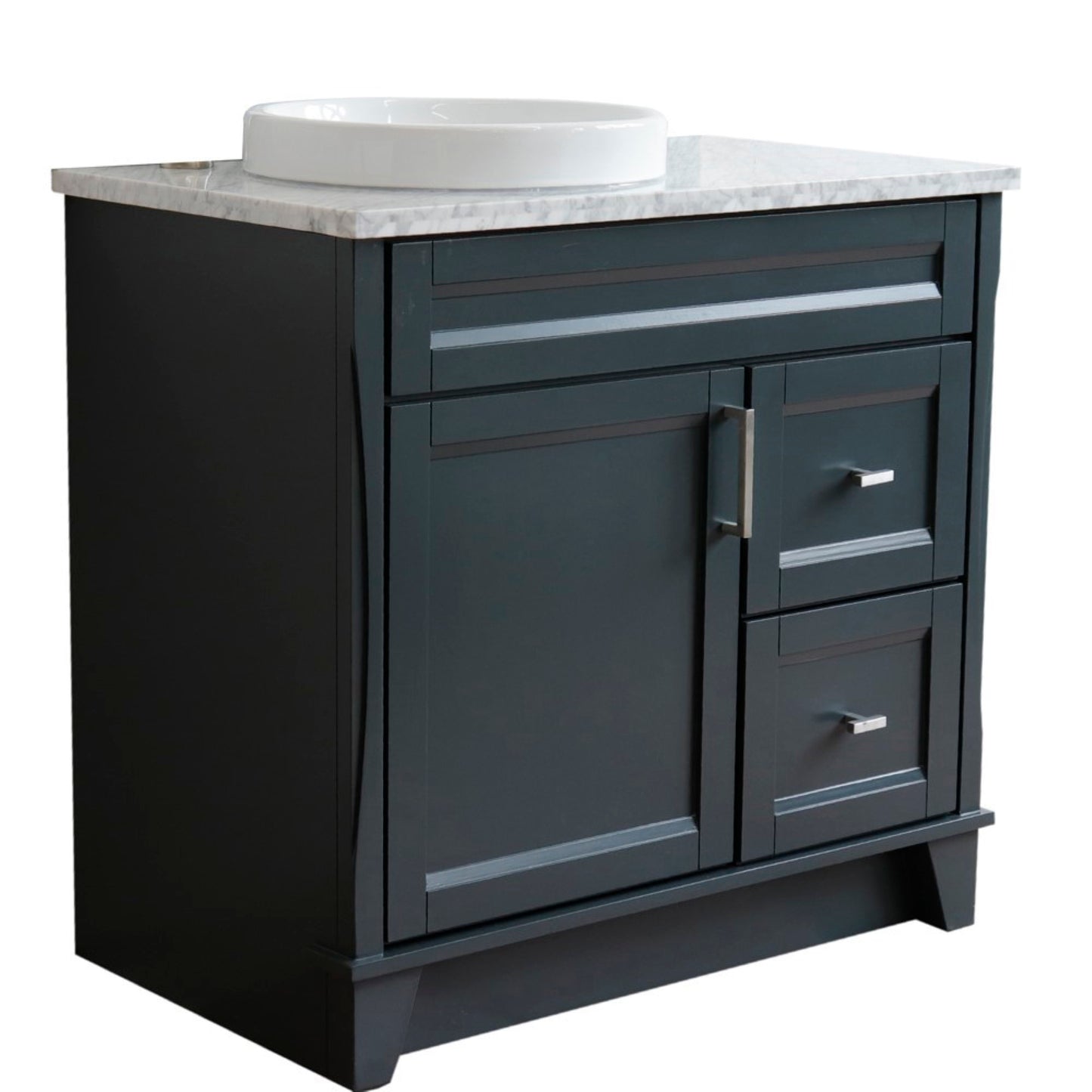 37" Single sink vanity in Dark Gray finish with White Carrara marble and Left door/Round Left sink