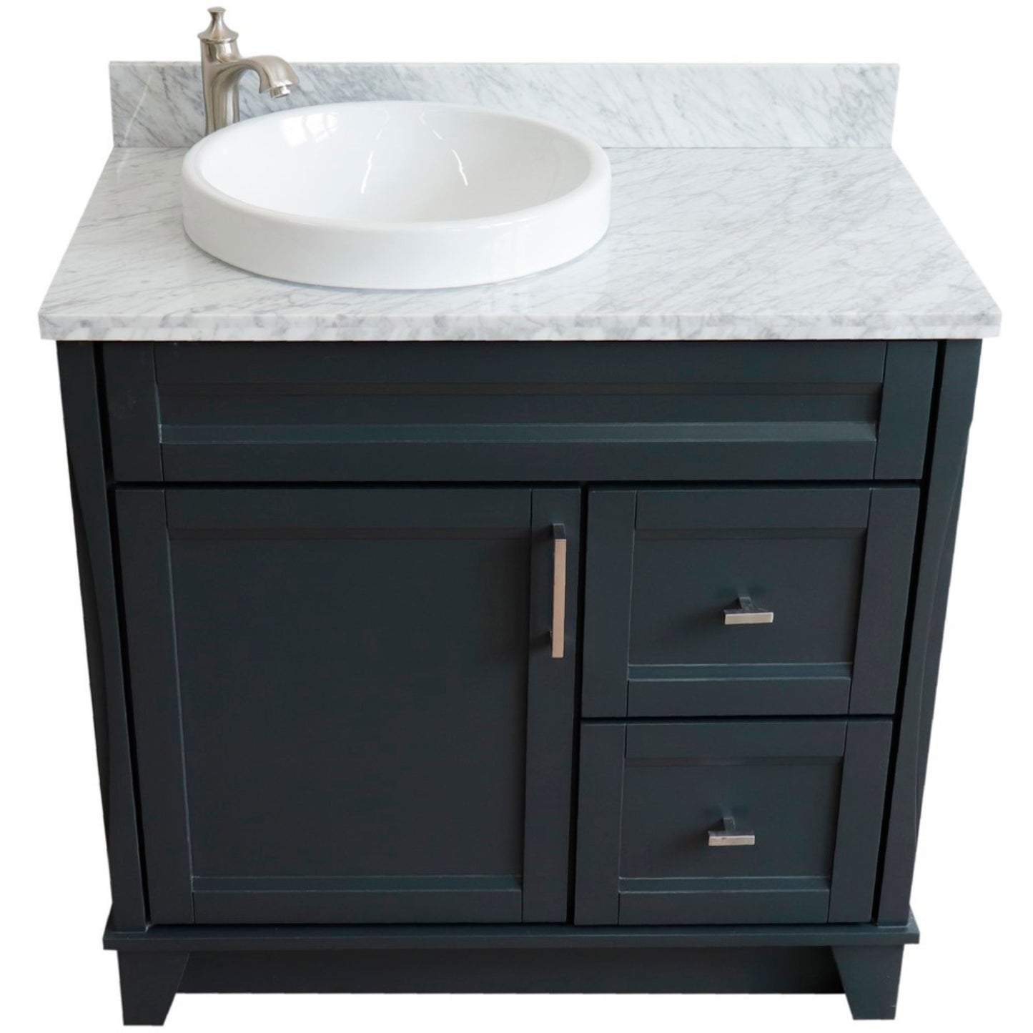 37" Single sink vanity in Dark Gray finish with White Carrara marble and Left door/Round Left sink