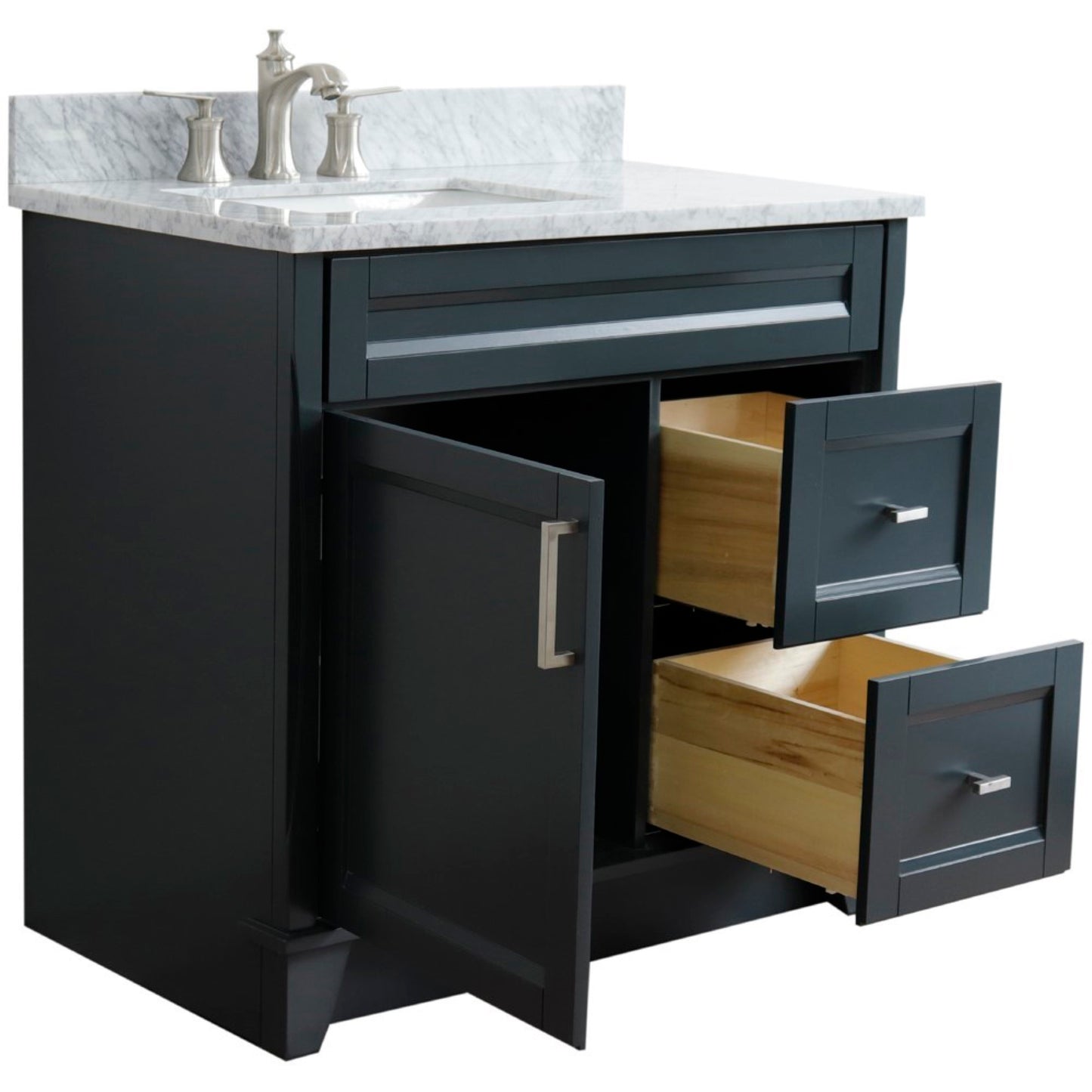 37" Single sink vanity in Dark Gray finish with White Carrara marble and Left door/Left sink