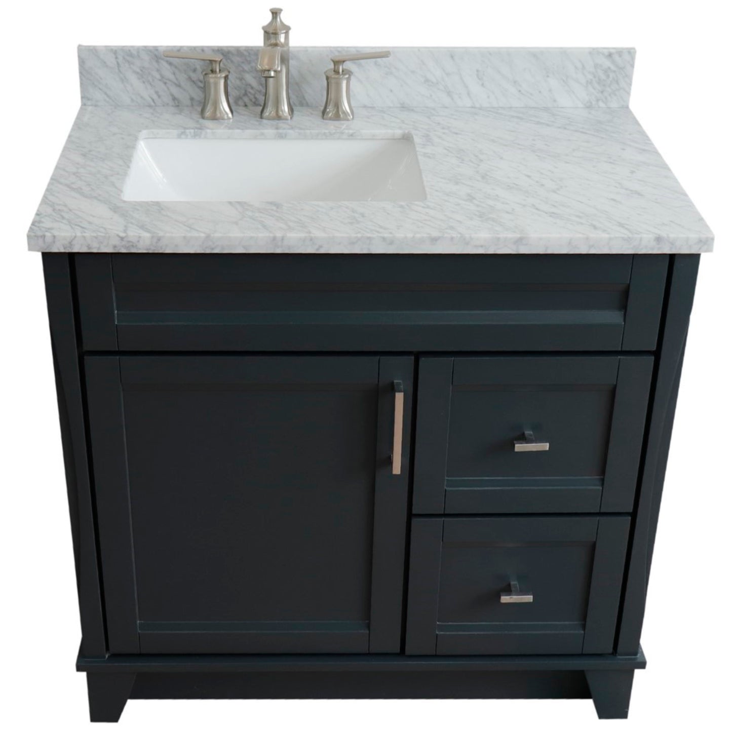 37" Single sink vanity in Dark Gray finish with White Carrara marble and Left door/Left sink