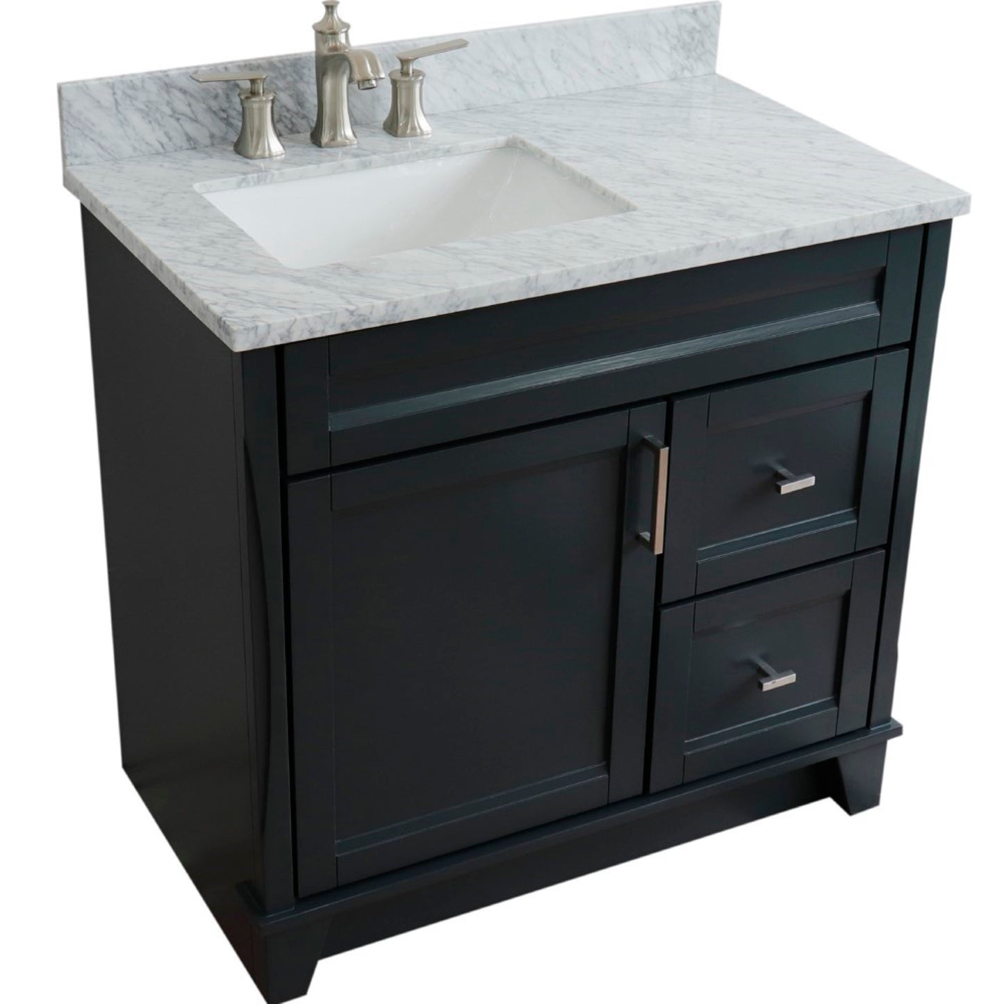 37" Single sink vanity in Dark Gray finish with White Carrara marble and Left door/Left sink