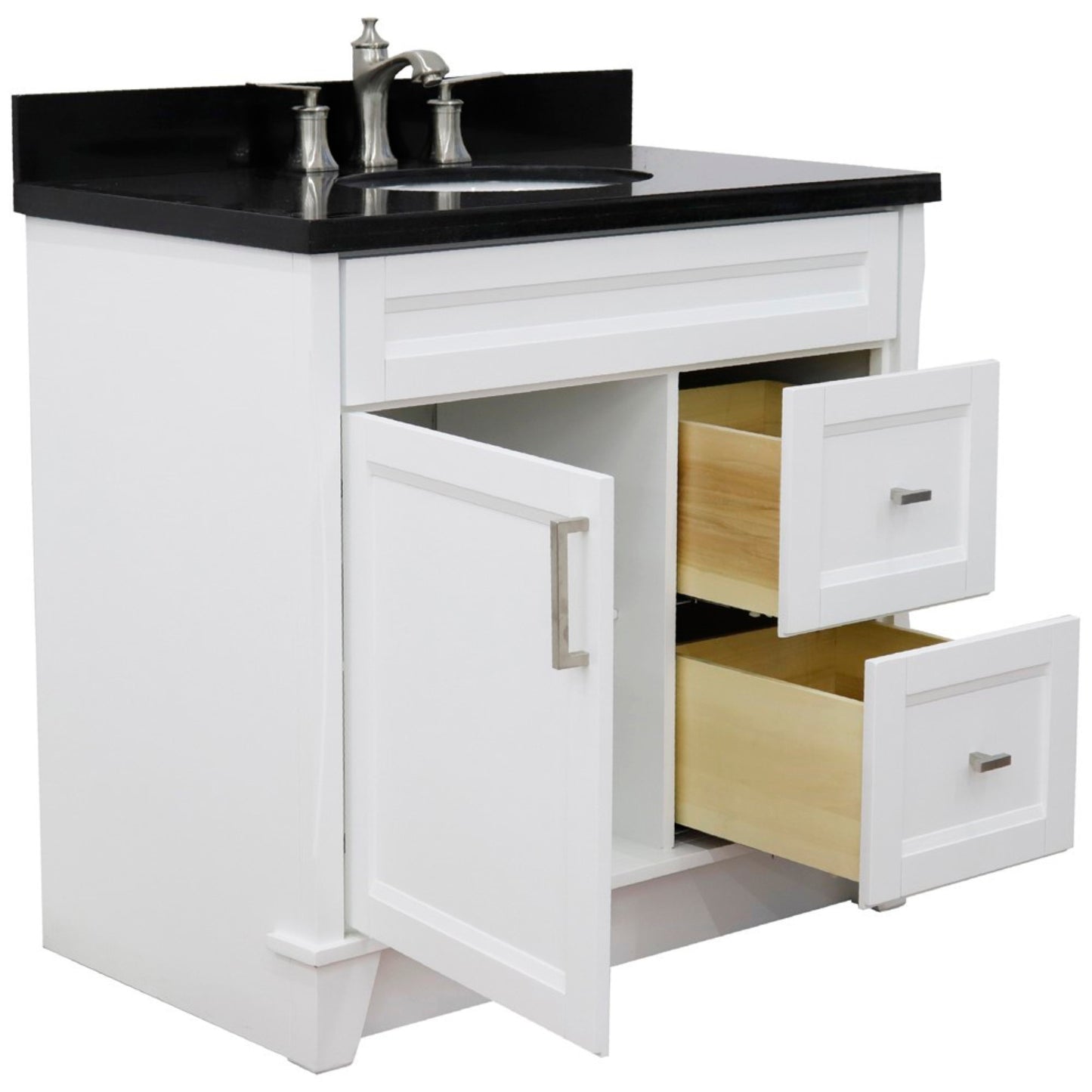 37" Single sink vanity in White finish with Black galaxy granite and Left door/Center sink