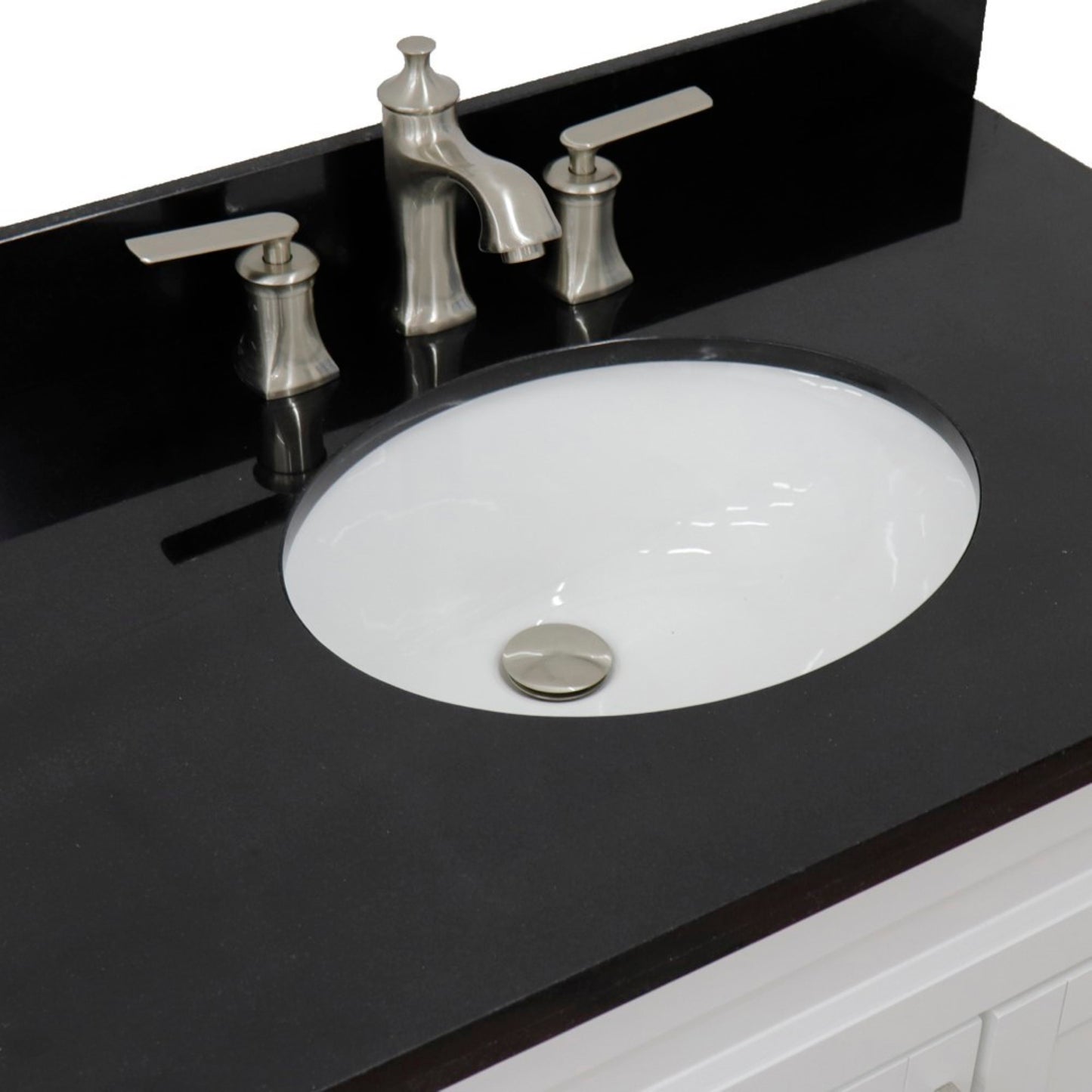 37" Single sink vanity in White finish with Black galaxy granite and Left door/Center sink