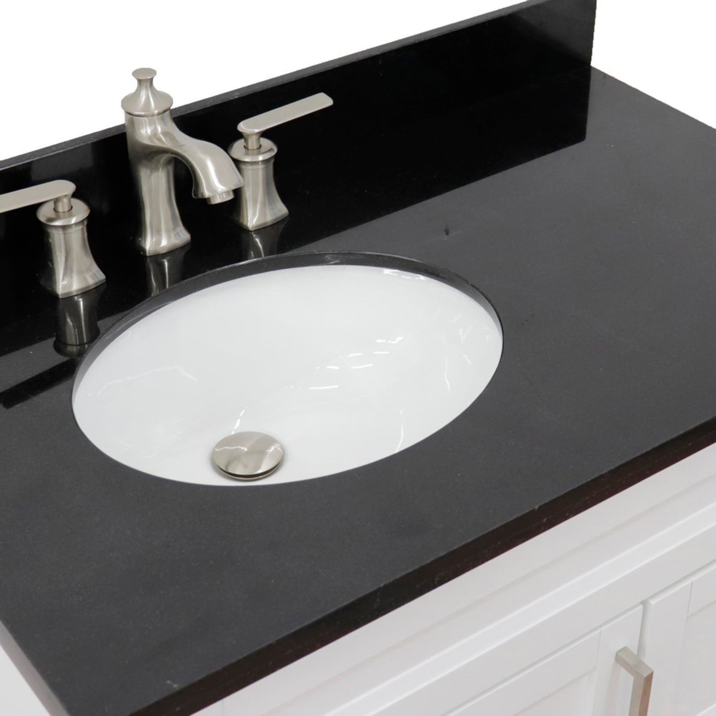 37" Single sink vanity in White finish with Black galaxy granite and Left door/Left sink