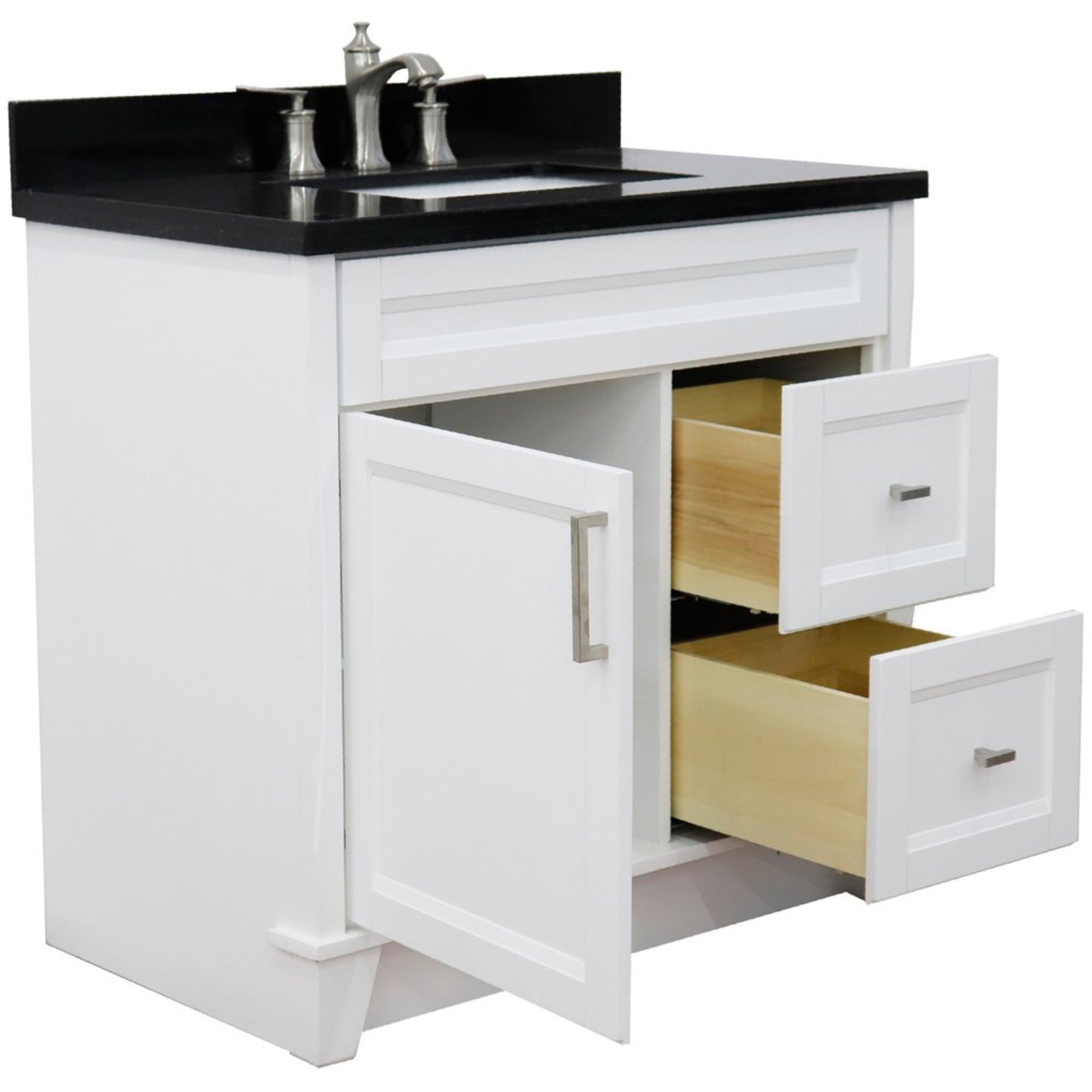 37" Single sink vanity in White finish with Black galaxy granite and Left door/Center sink