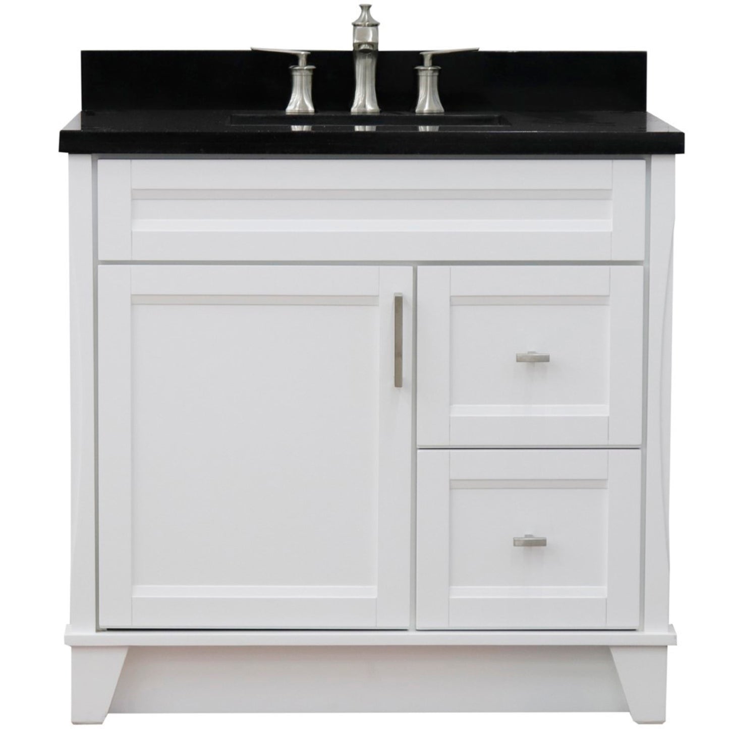 37" Single sink vanity in White finish with Black galaxy granite and Left door/Center sink