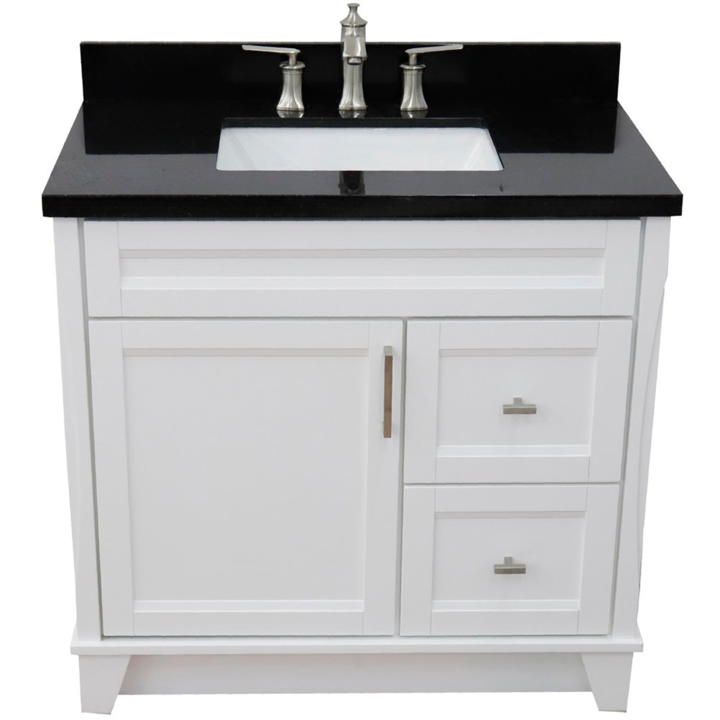 37" Single sink vanity in White finish with Black galaxy granite and Left door/Center sink