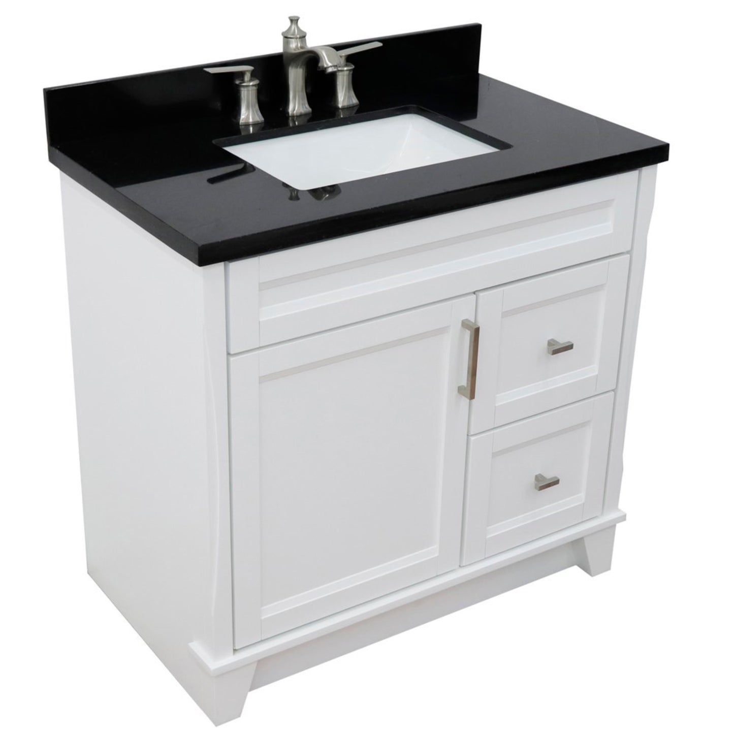37" Single sink vanity in White finish with Black galaxy granite and Left door/Center sink