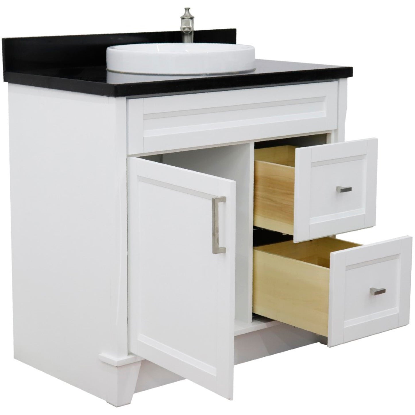 37" Single sink vanity in White finish with Black galaxy granite and Left door/Center sink