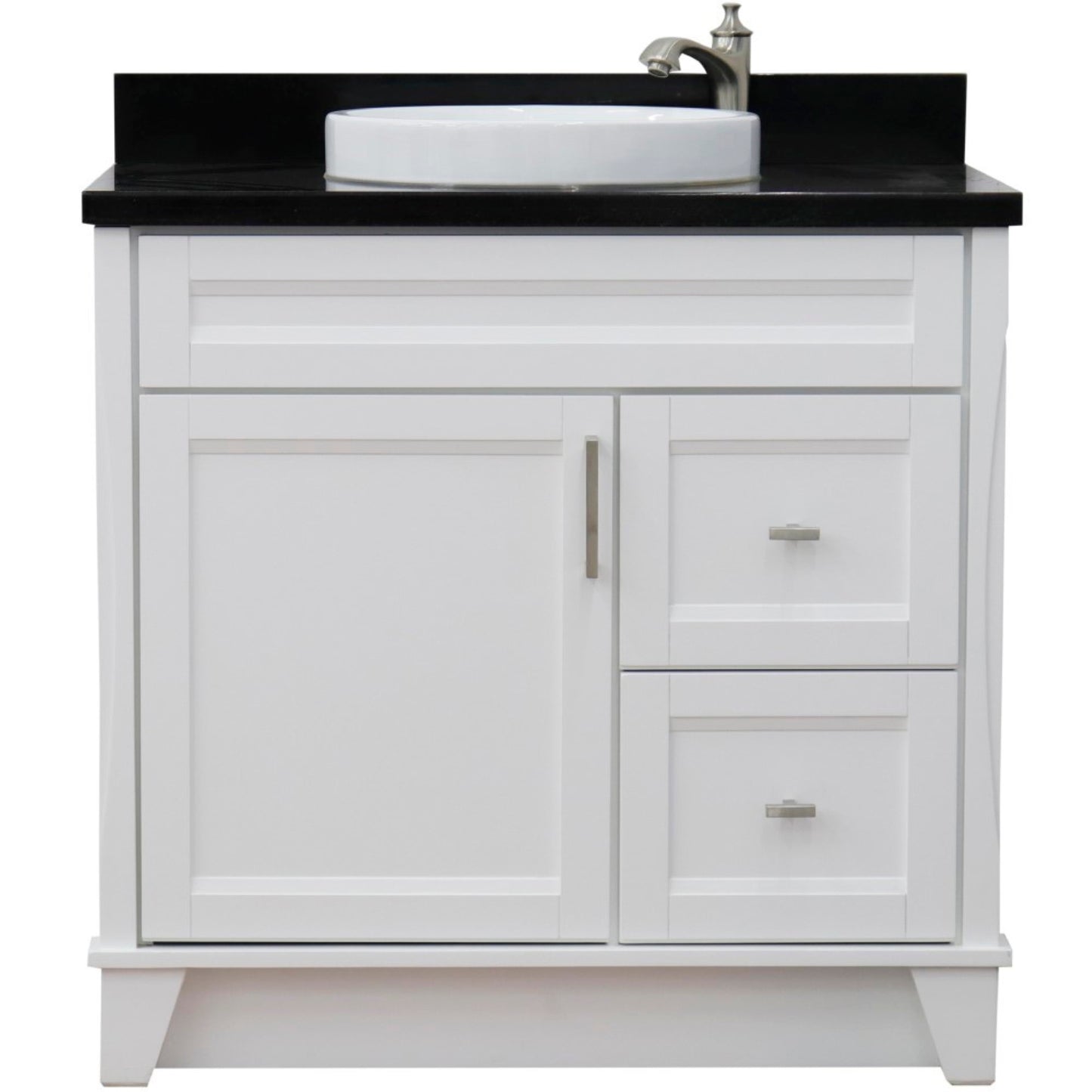 37" Single sink vanity in White finish with Black galaxy granite and Left door/Center sink