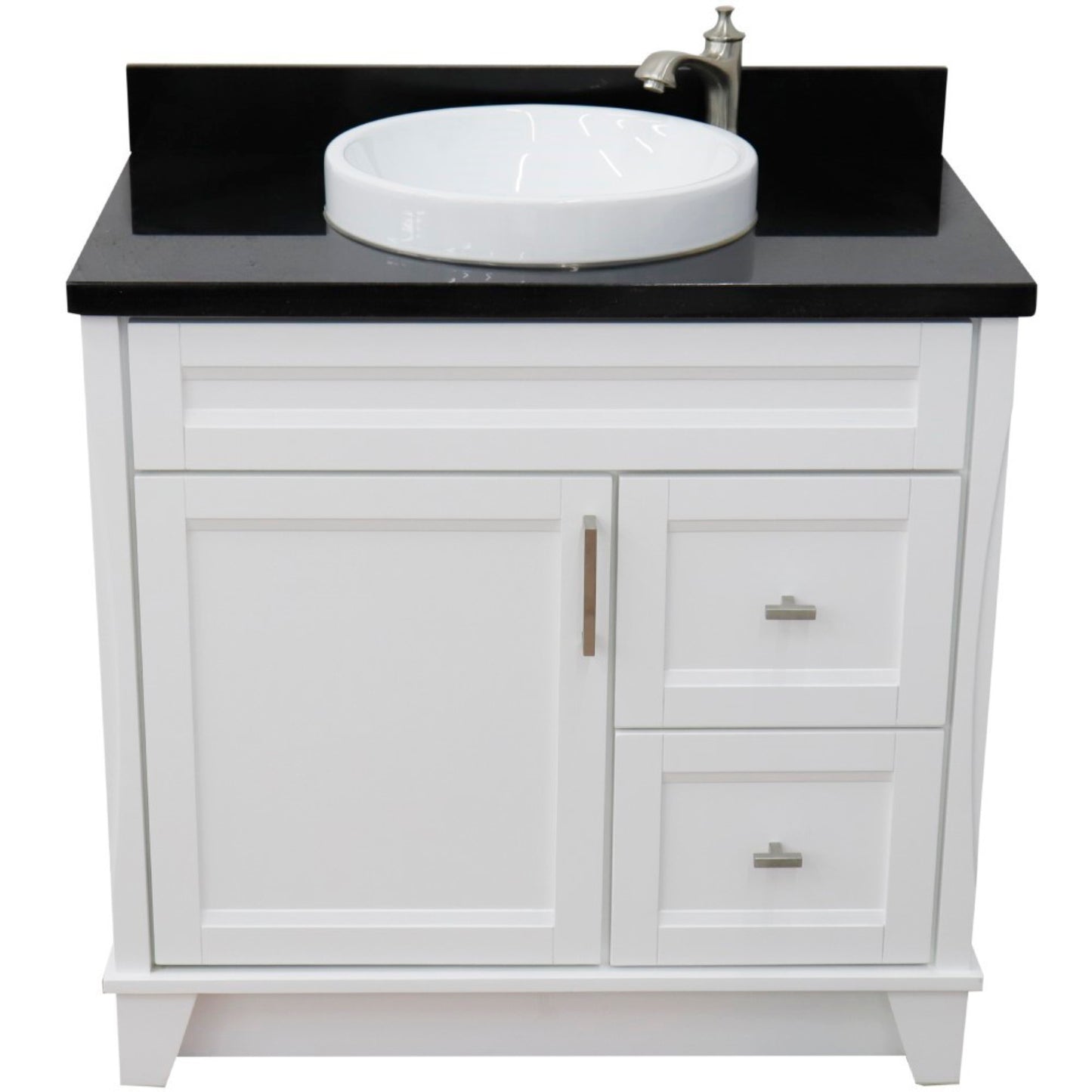 37" Single sink vanity in White finish with Black galaxy granite and Left door/Center sink