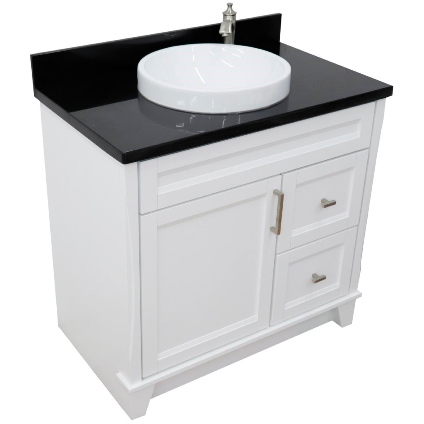 37" Single sink vanity in White finish with Black galaxy granite and Left door/Center sink