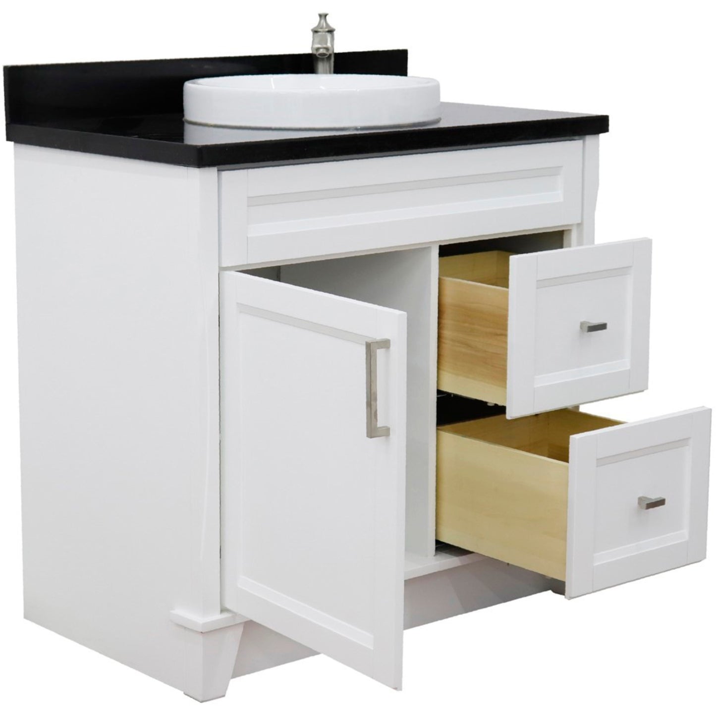 37" Single sink vanity in White finish with Black galaxy granite and Left door/Center sink