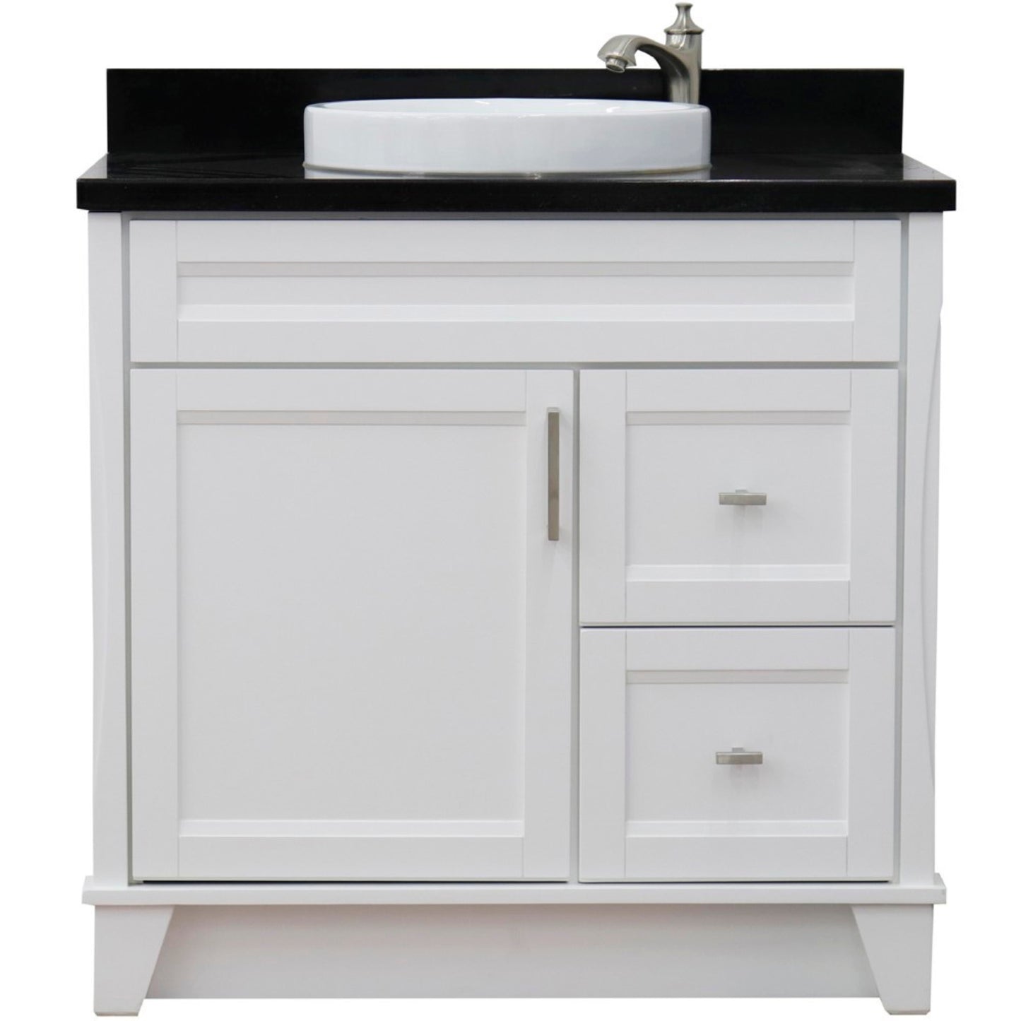 37" Single sink vanity in White finish with Black galaxy granite and Left door/Center sink