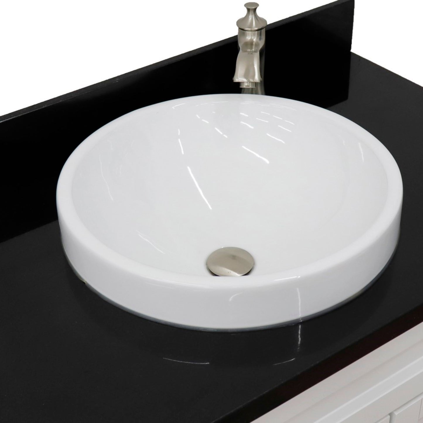 37" Single sink vanity in White finish with Black galaxy granite and Left door/Center sink