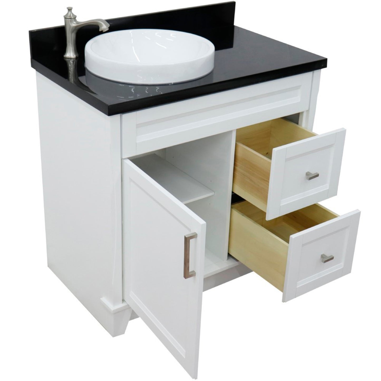 37" Single sink vanity in White finish with Black galaxy granite and Left door/Round Left sink