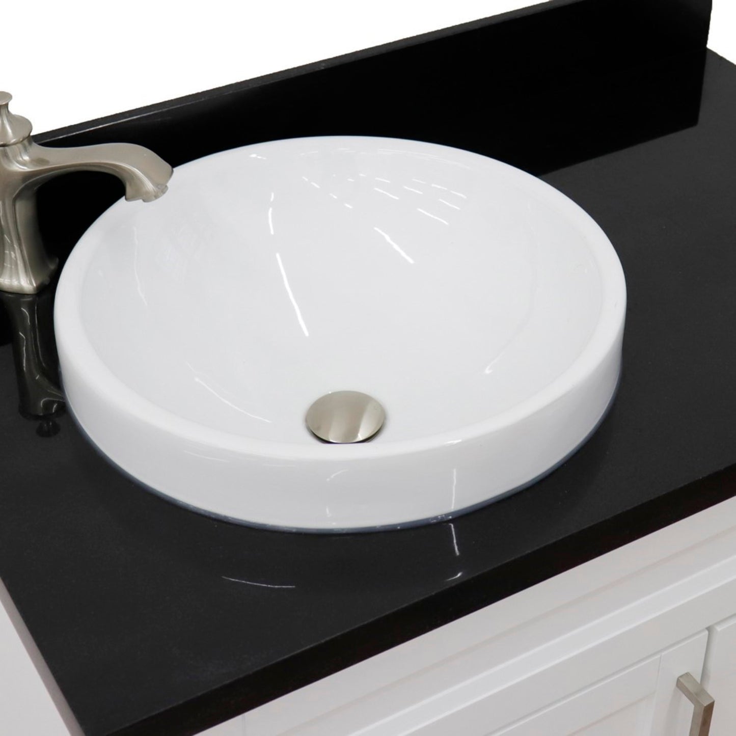 37" Single sink vanity in White finish with Black galaxy granite and Left door/Round Left sink