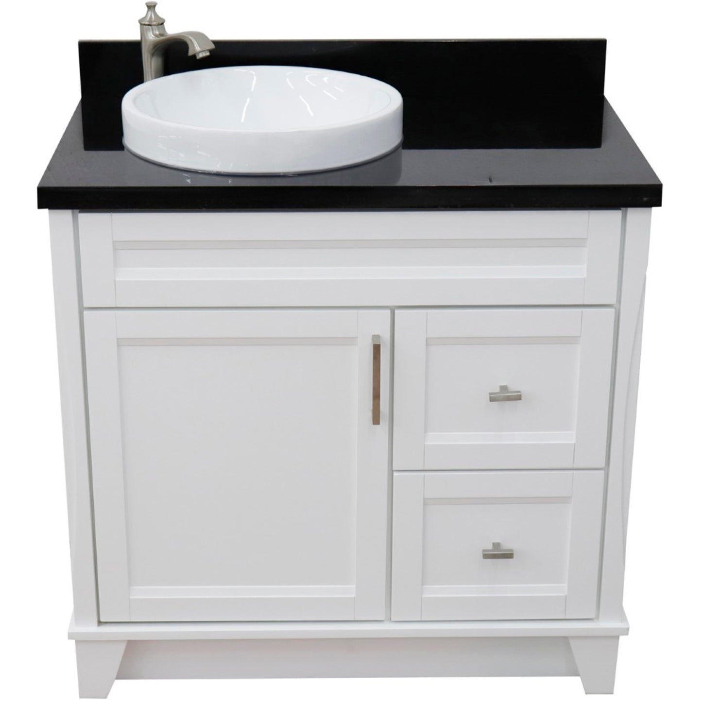 37" Single sink vanity in White finish with Black galaxy granite and Left door/Round Left sink