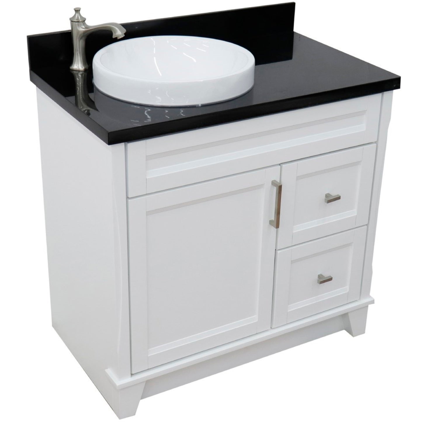37" Single sink vanity in White finish with Black galaxy granite and Left door/Round Left sink