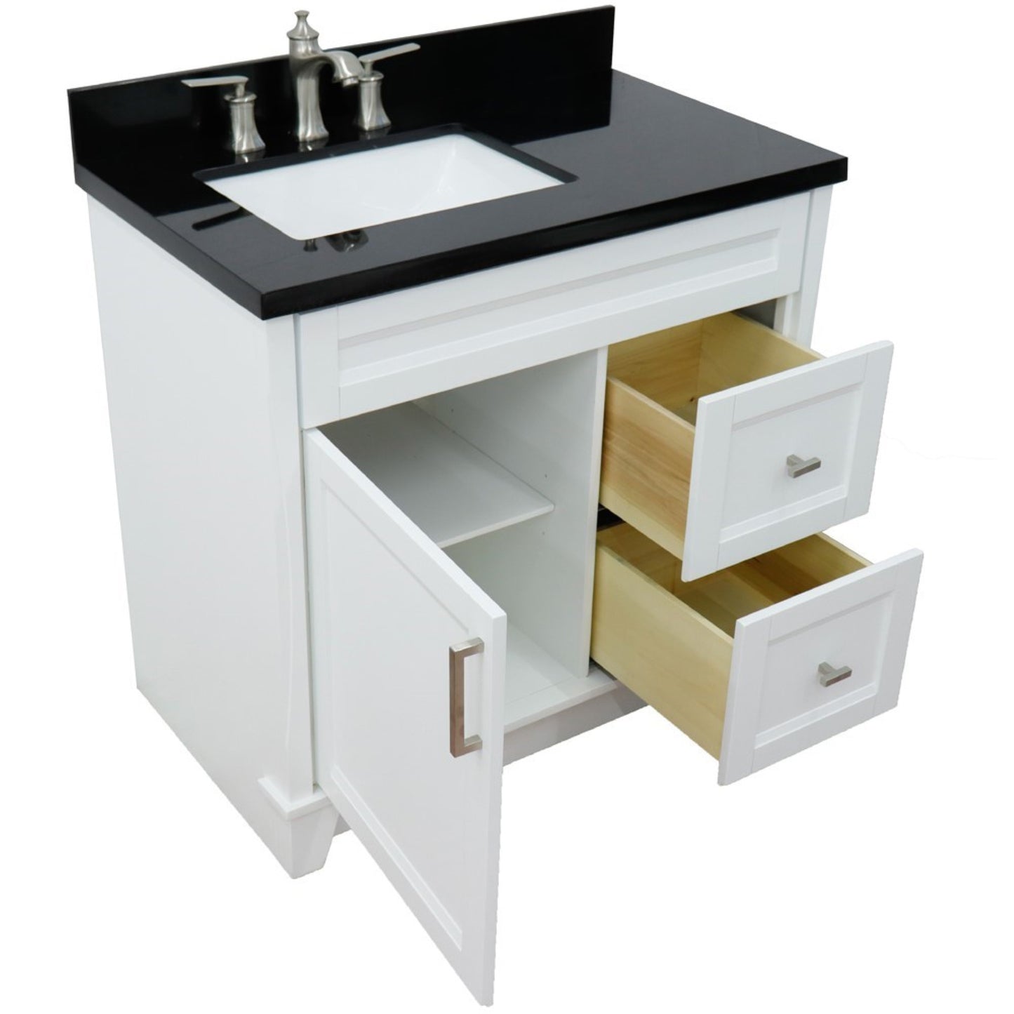 37" Single sink vanity in White finish with Black galaxy granite and Left door/Left sink