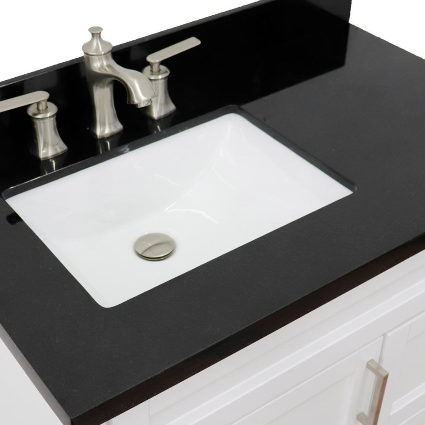 37" Single sink vanity in White finish with Black galaxy granite and Left door/Left sink