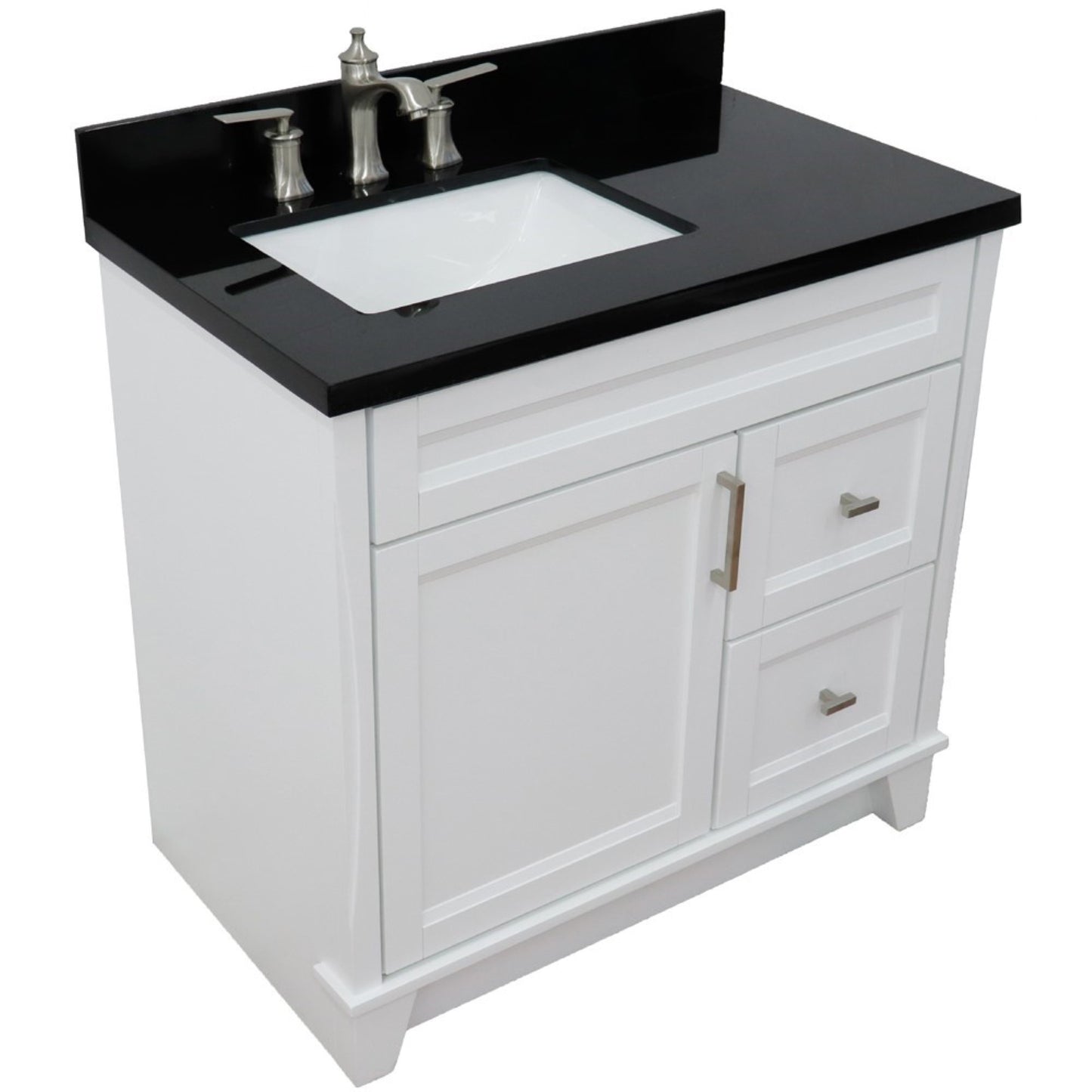 37" Single sink vanity in White finish with Black galaxy granite and Left door/Left sink