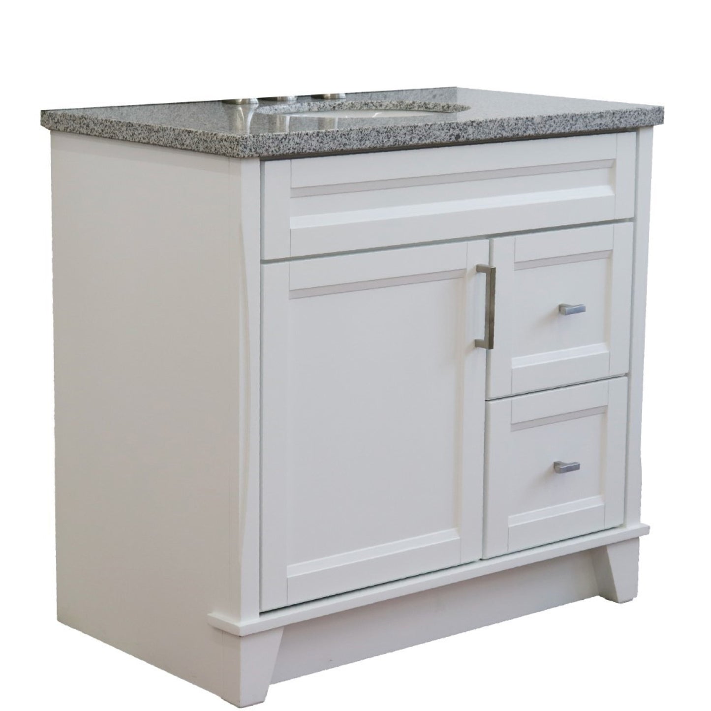 37" Single sink vanity in White finish with Gray granite and Left door/Center sink