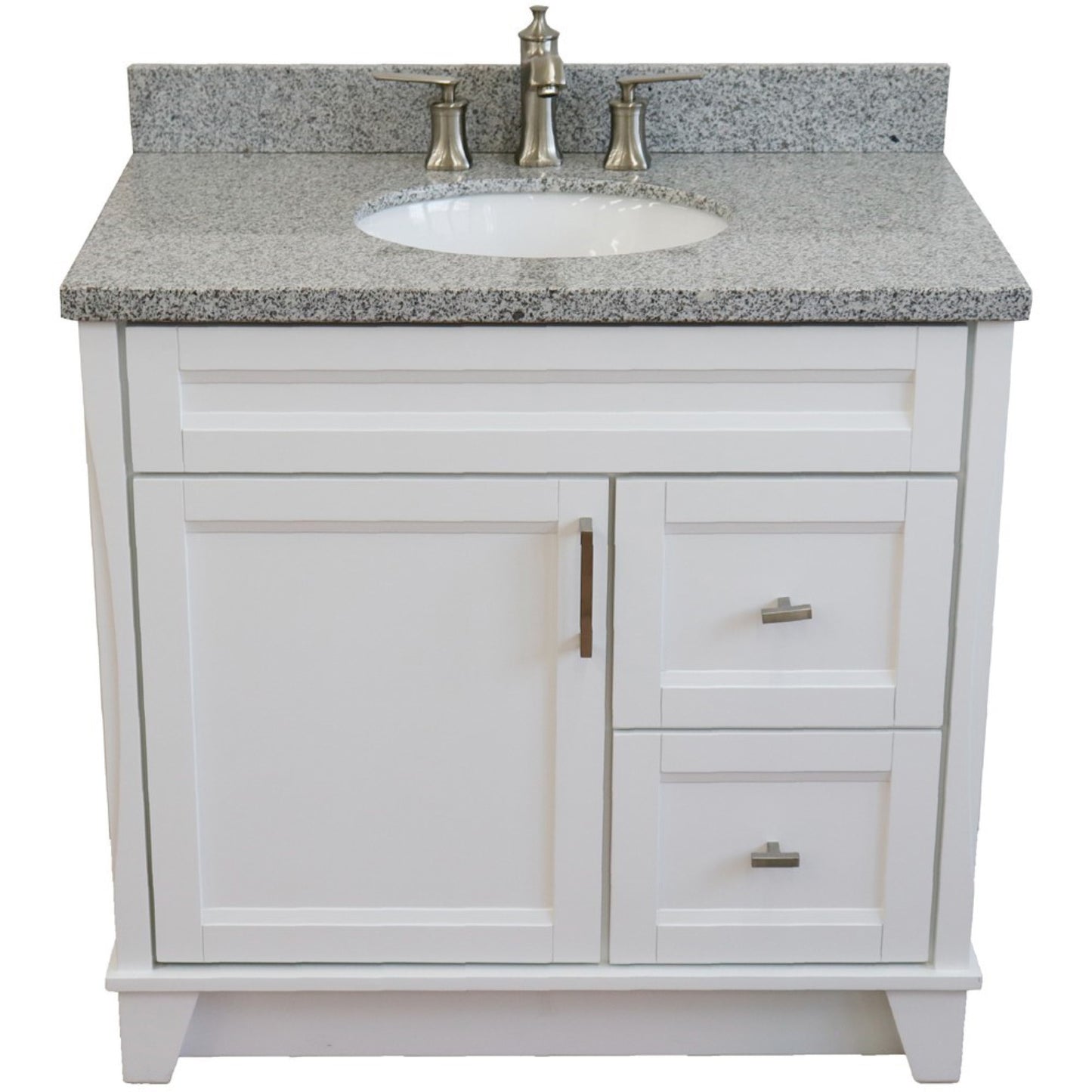 37" Single sink vanity in White finish with Gray granite and Left door/Center sink