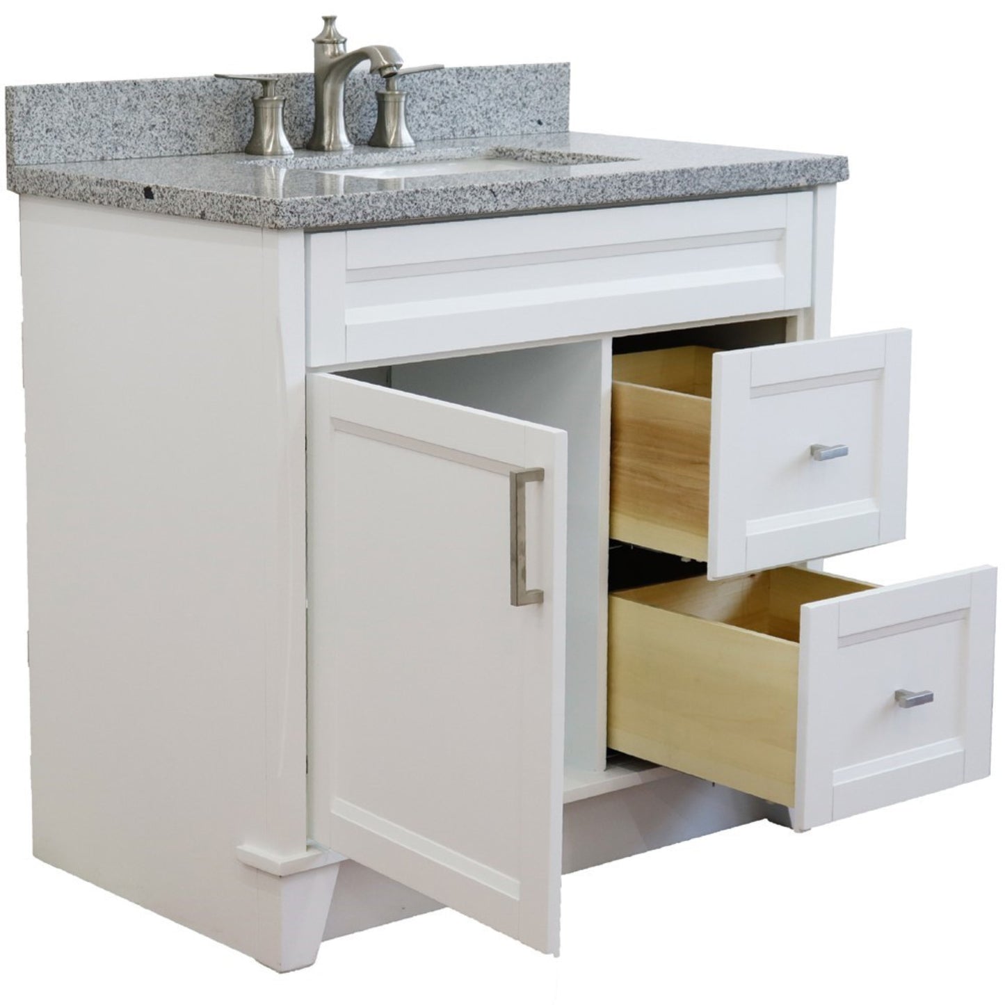 37" Single sink vanity in White finish with Gray granite and Left door/Center sink