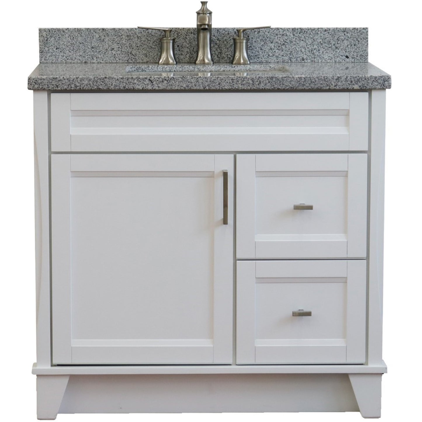 37" Single sink vanity in White finish with Gray granite and Left door/Center sink