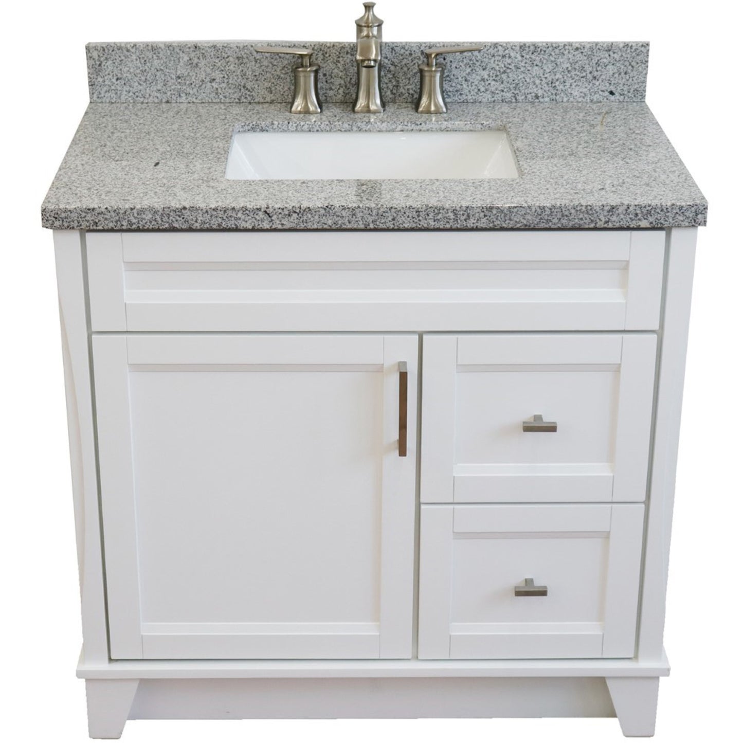 37" Single sink vanity in White finish with Gray granite and Left door/Center sink