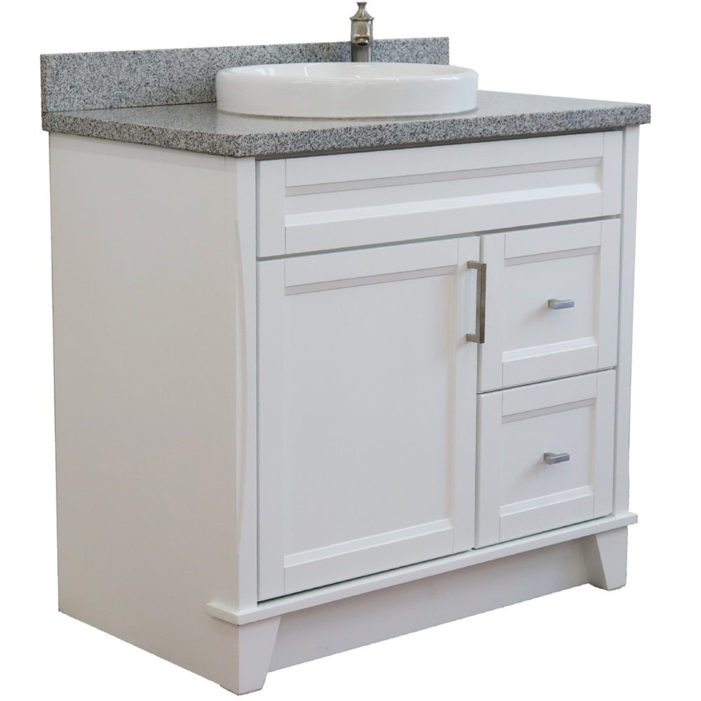 37" Single sink vanity in White finish with Gray granite and Left door/Round Center sink