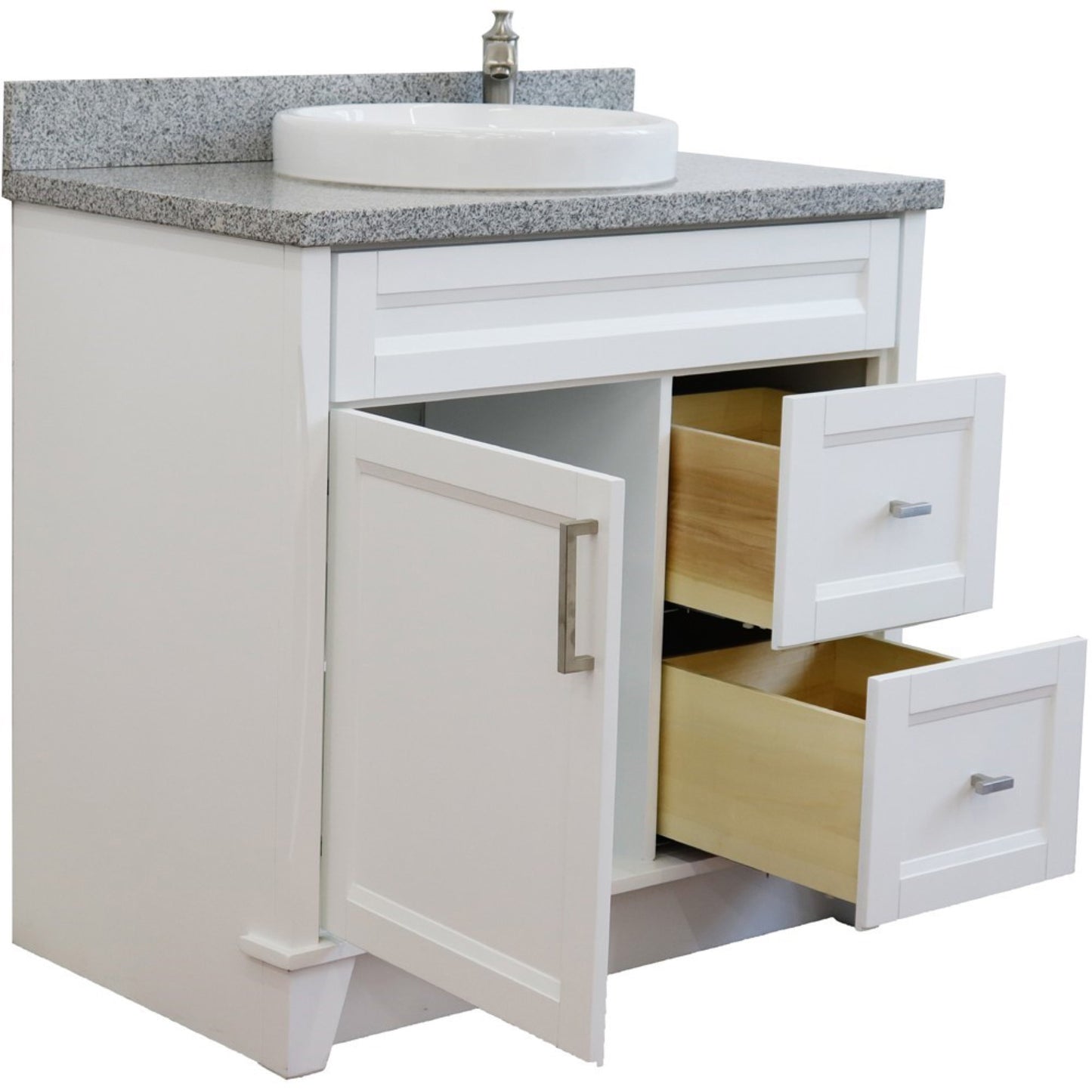 37" Single sink vanity in White finish with Gray granite and Left door/Round Center sink