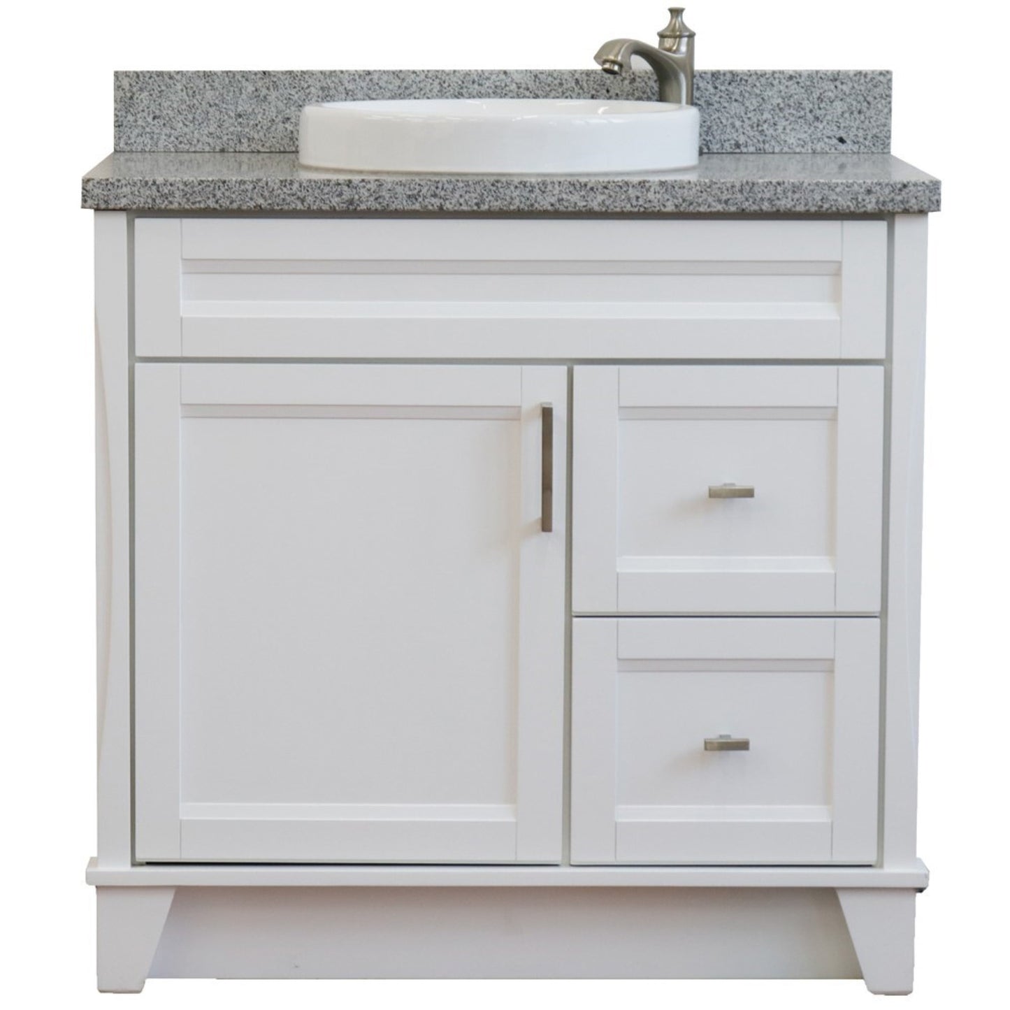 37" Single sink vanity in White finish with Gray granite and Left door/Round Center sink