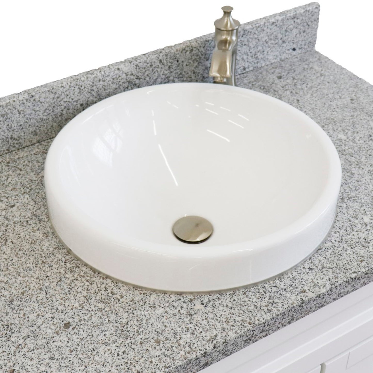 37" Single sink vanity in White finish with Gray granite and Left door/Round Center sink