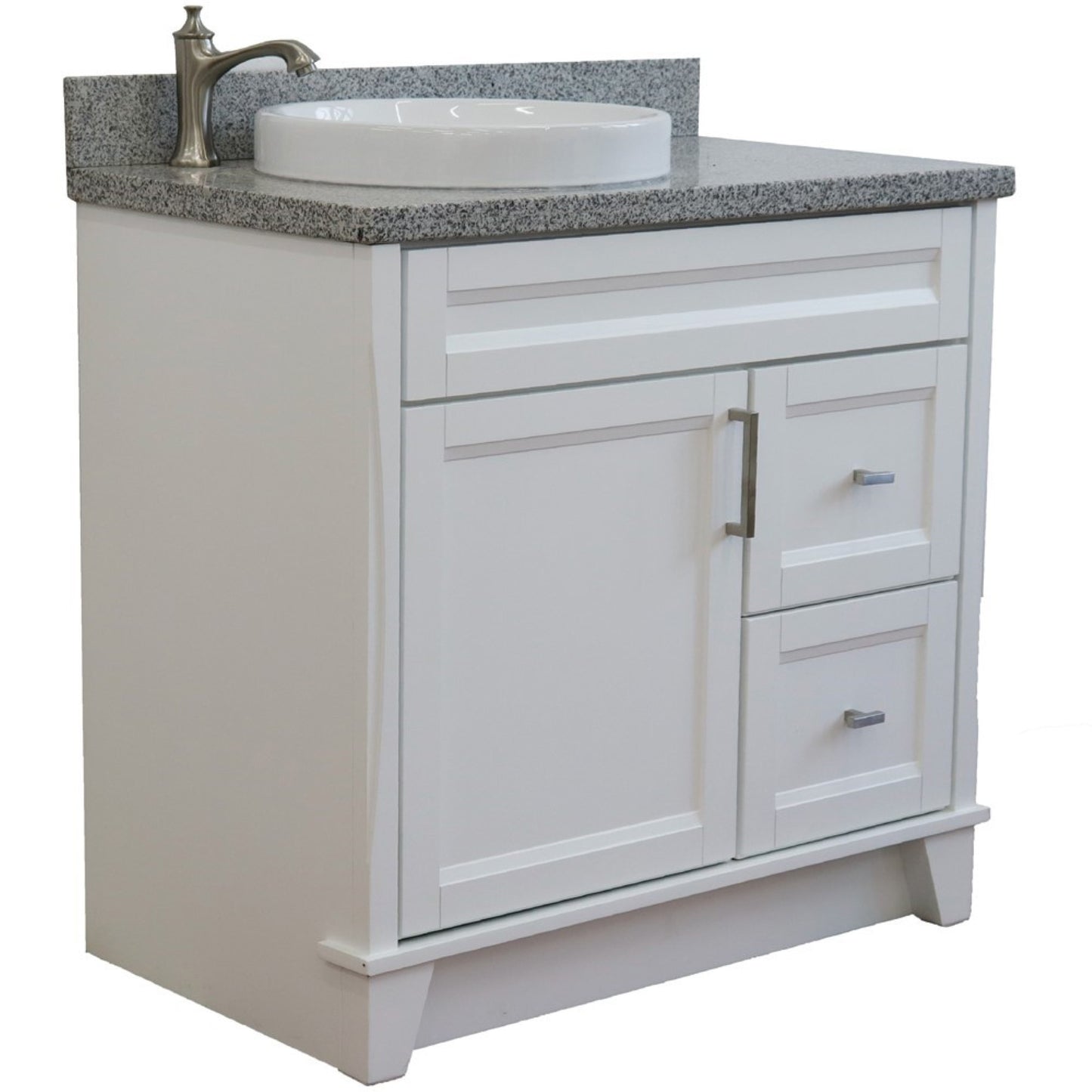 37" Single sink vanity in White finish with Gray granite and Left door/Round Left sink