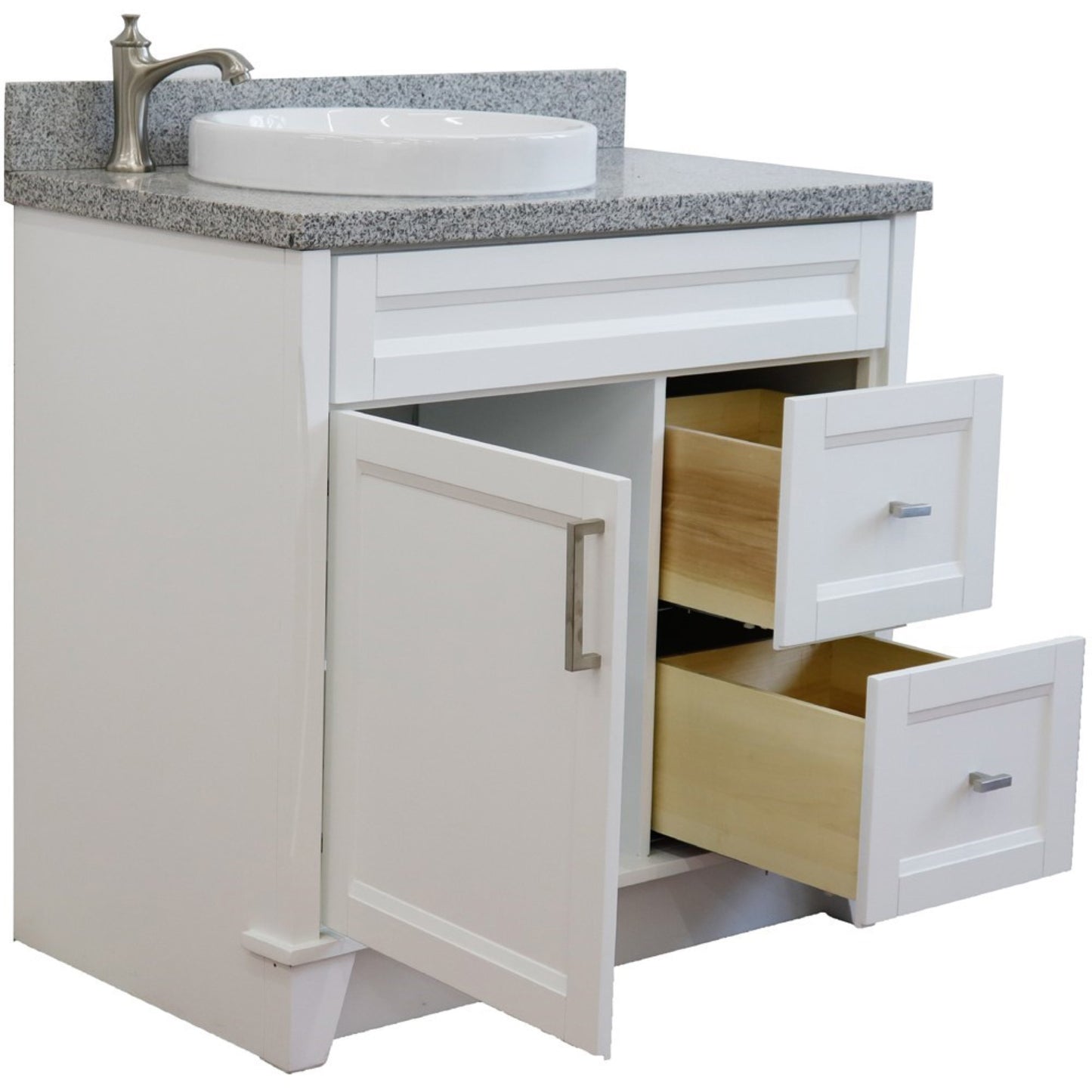 37" Single sink vanity in White finish with Gray granite and Left door/Round Left sink