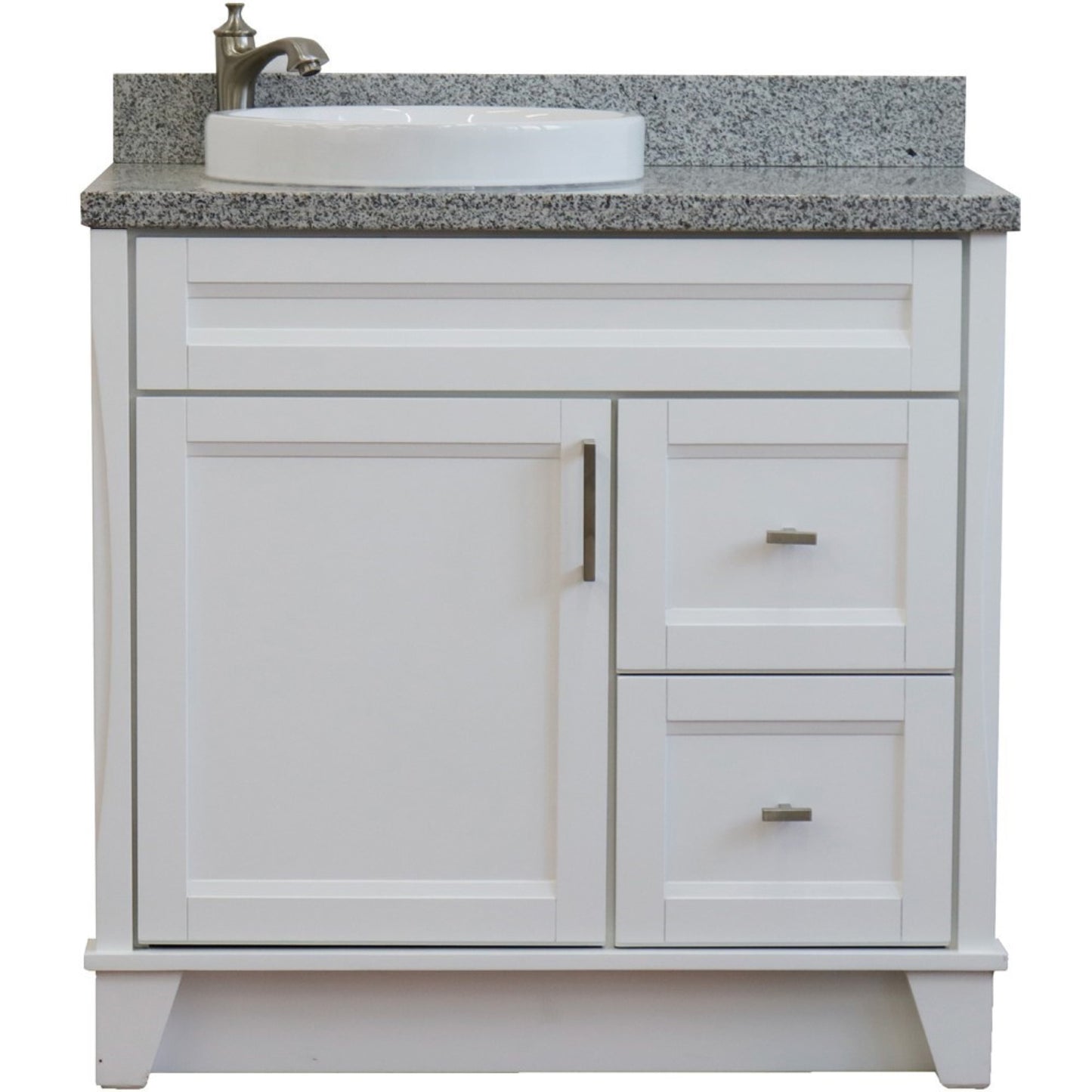 37" Single sink vanity in White finish with Gray granite and Left door/Round Left sink