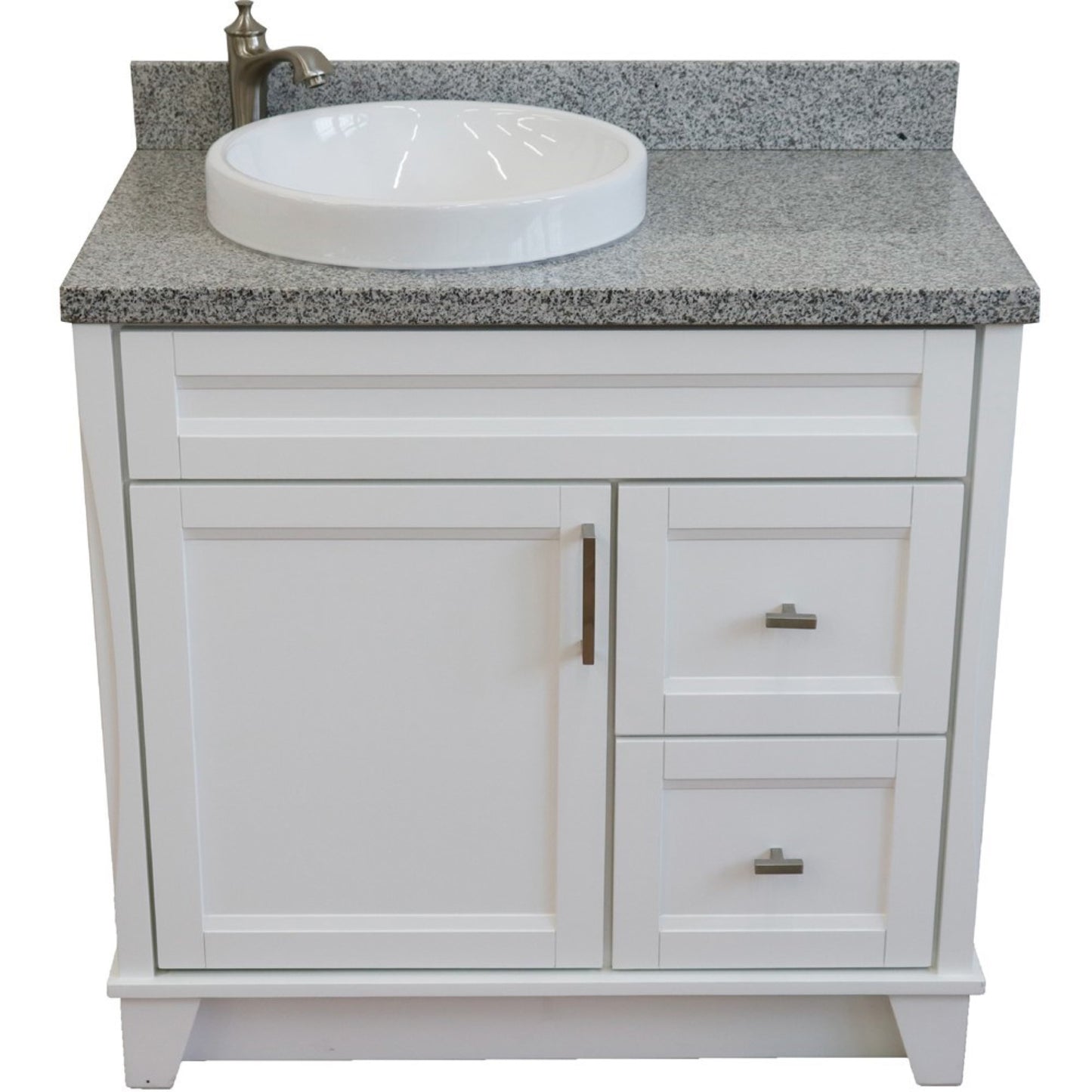 37" Single sink vanity in White finish with Gray granite and Left door/Round Left sink