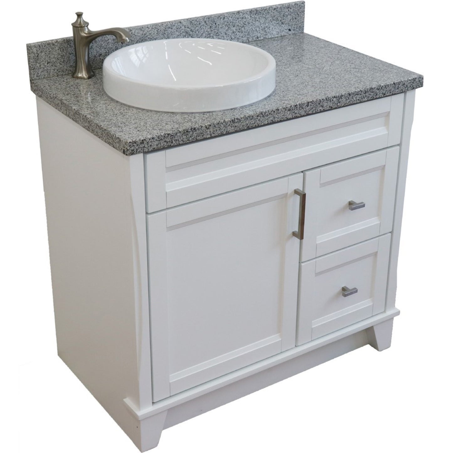 37" Single sink vanity in White finish with Gray granite and Left door/Round Left sink