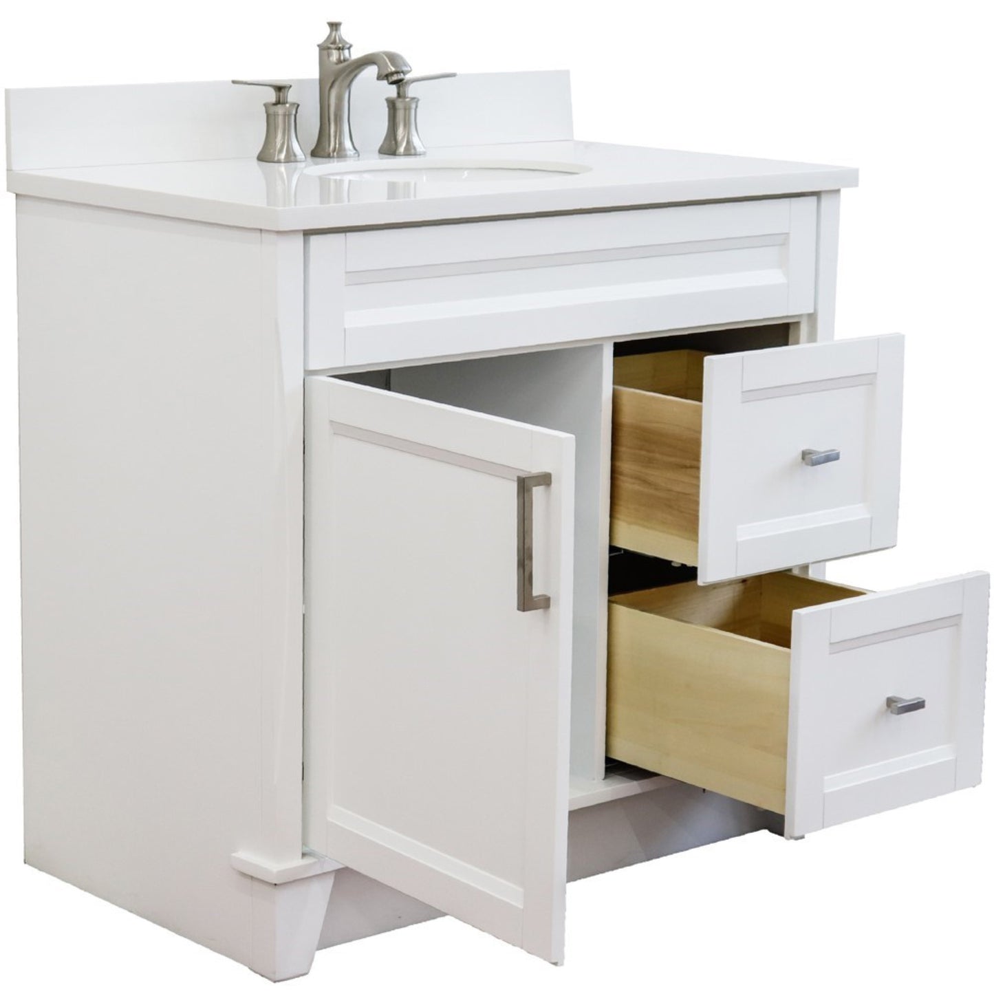 37" Single sink vanity in White finish with White engineered stone and Left door/Center sink