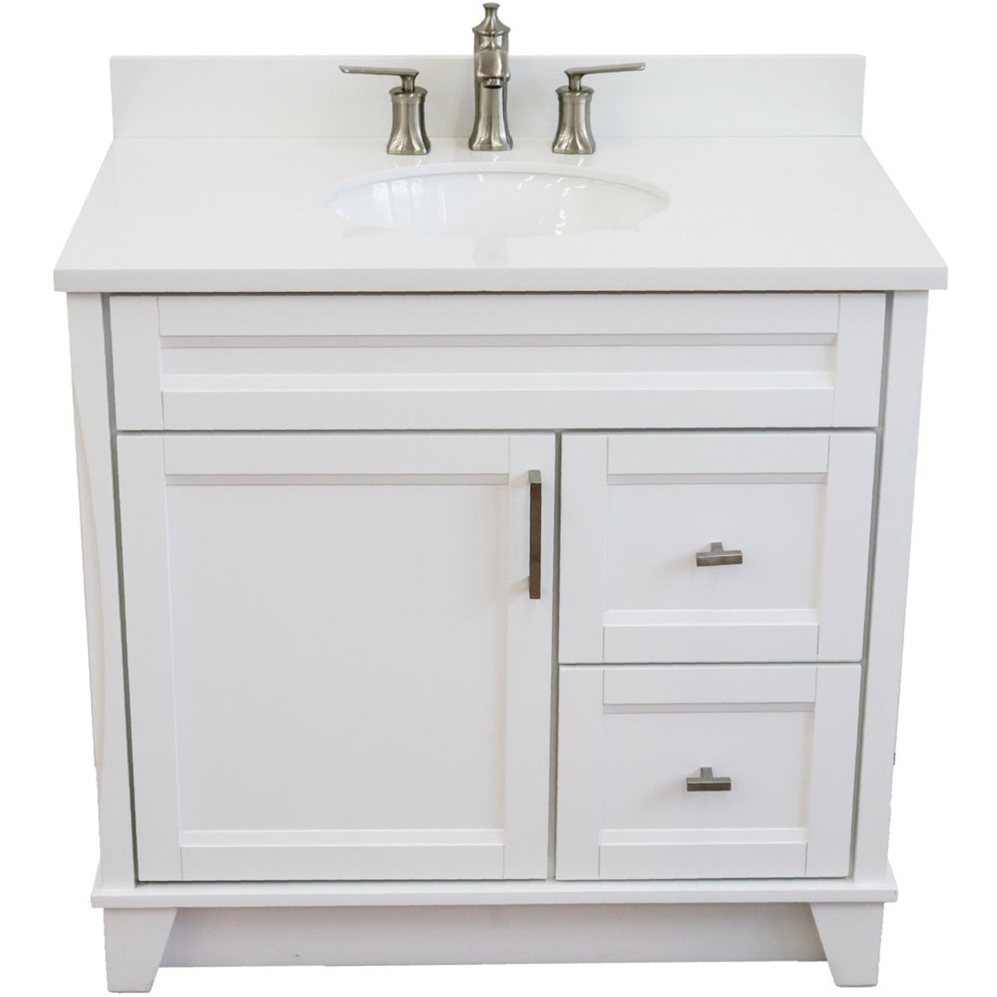 37" Single sink vanity in White finish with White engineered stone and Left door/Center sink
