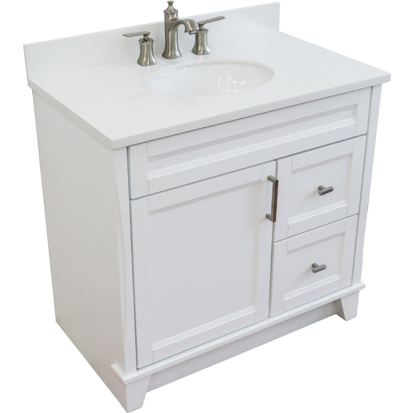 37" Single sink vanity in White finish with White engineered stone and Left door/Center sink
