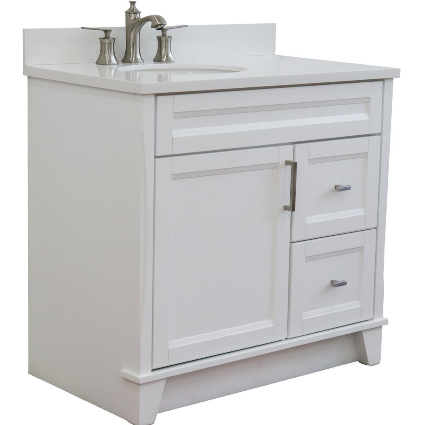 37" Single sink vanity in White finish with White engineered stone and Left door/Left sink
