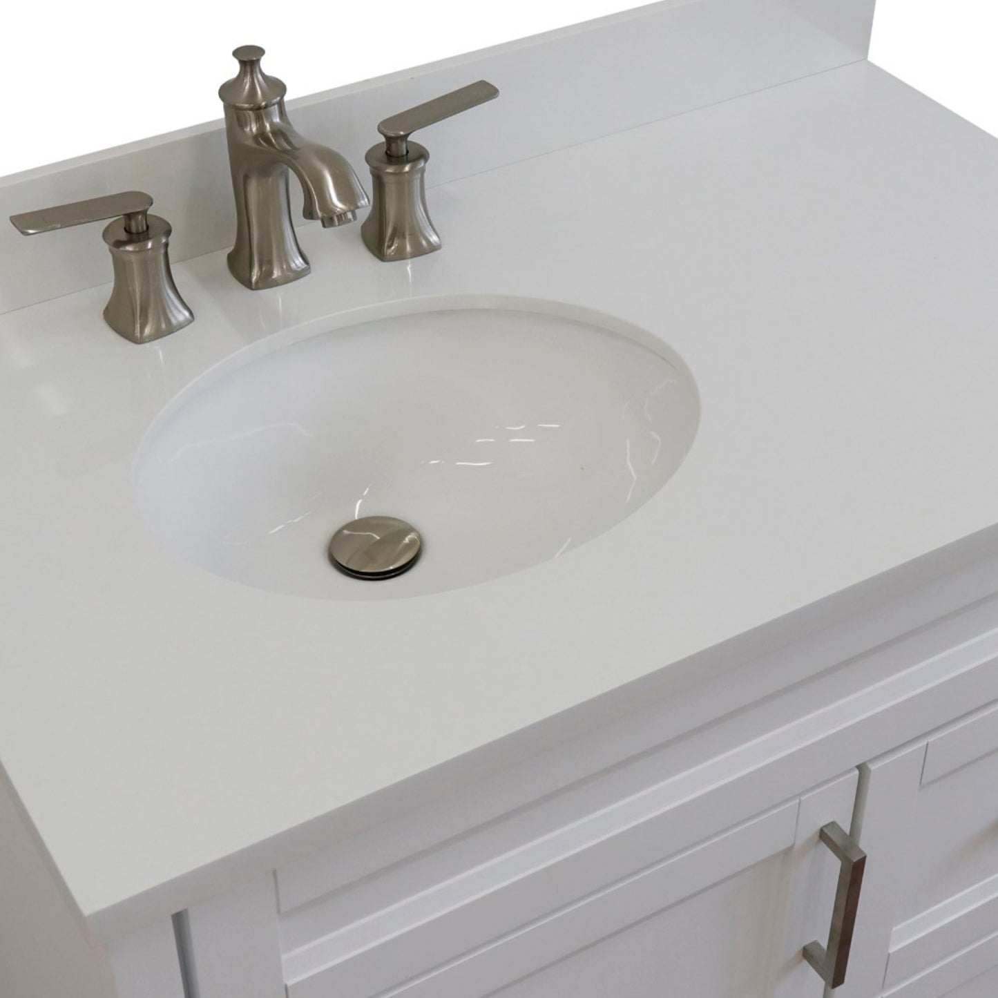 37" Single sink vanity in White finish with White engineered stone and Left door/Left sink