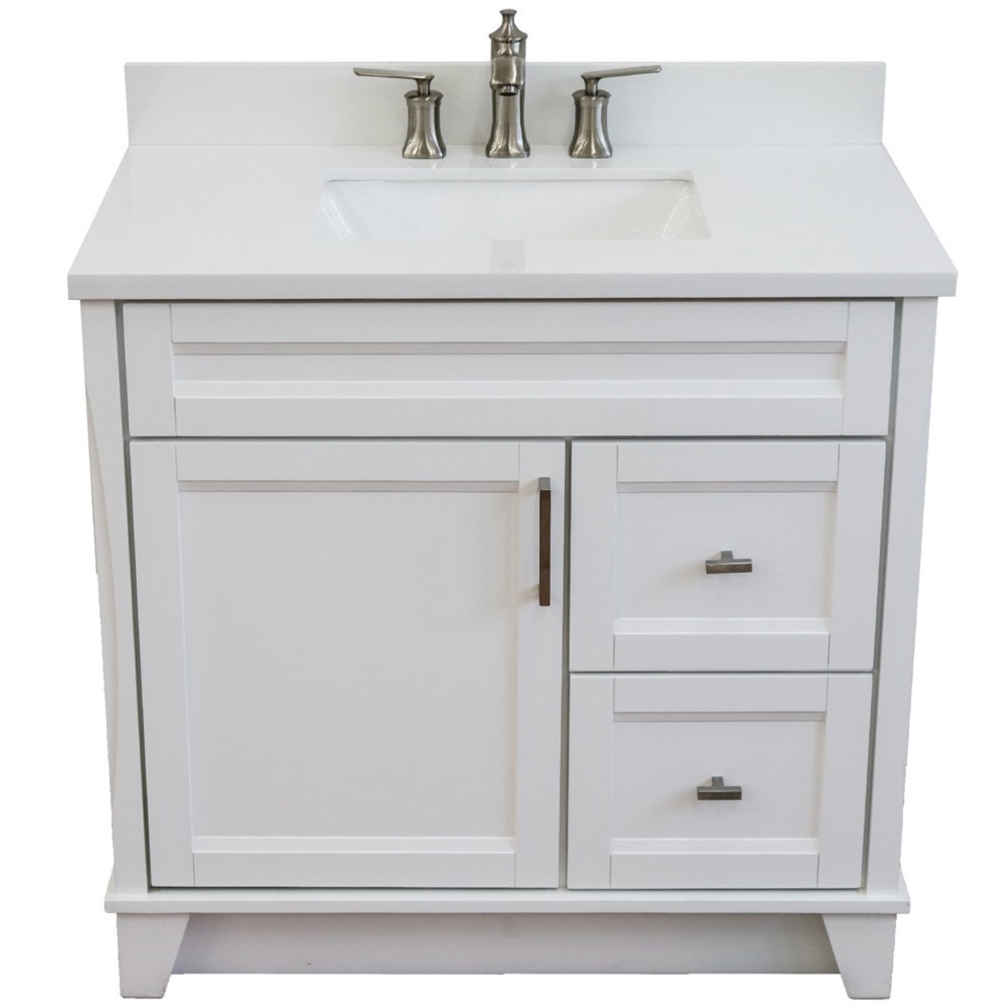 37" Single sink vanity in White finish with White engineered stone and Left door/Center sink