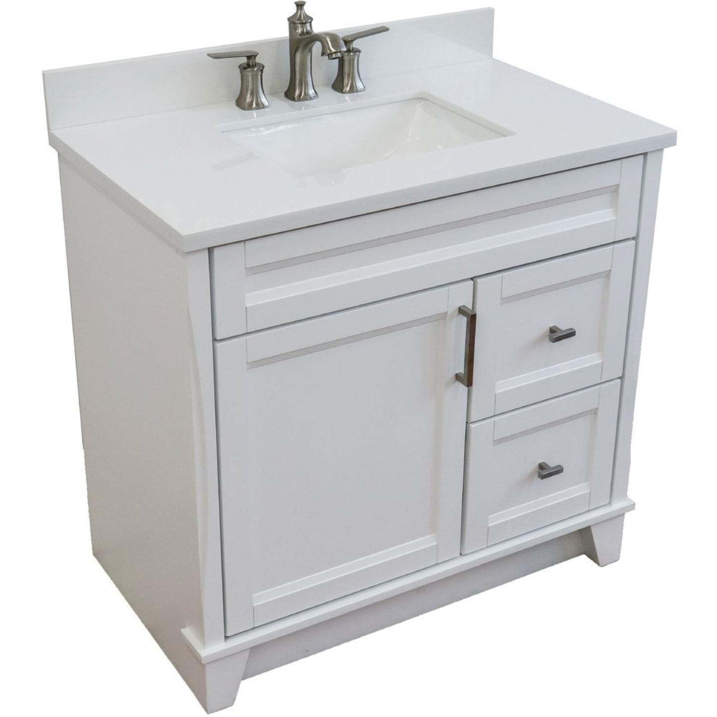 37" Single sink vanity in White finish with White engineered stone and Left door/Center sink