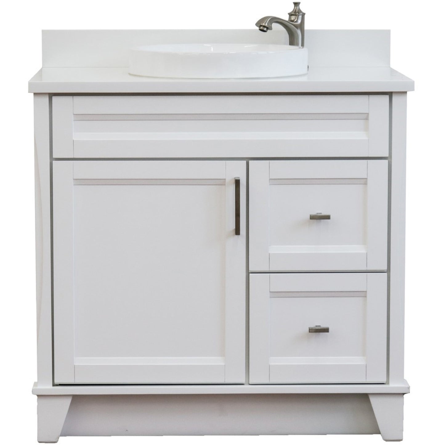 37" Single sink vanity in White finish with White engineered stone and Left door/Center sink